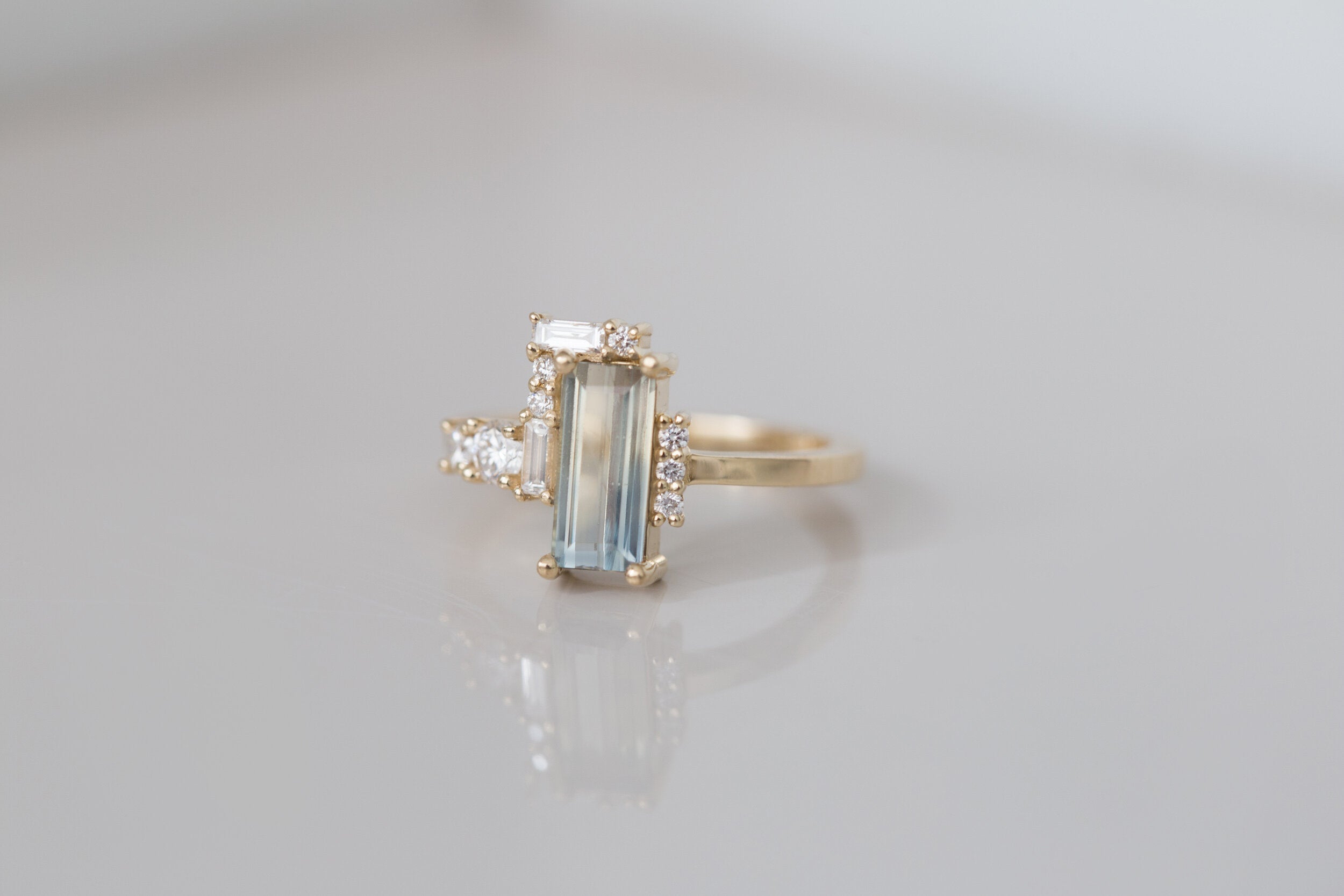 Bicolor Sapphire + Baguette and Round Diamond Semi Halo Cluster Engagement Ring | 14k Recycled Gold | One of a Kind