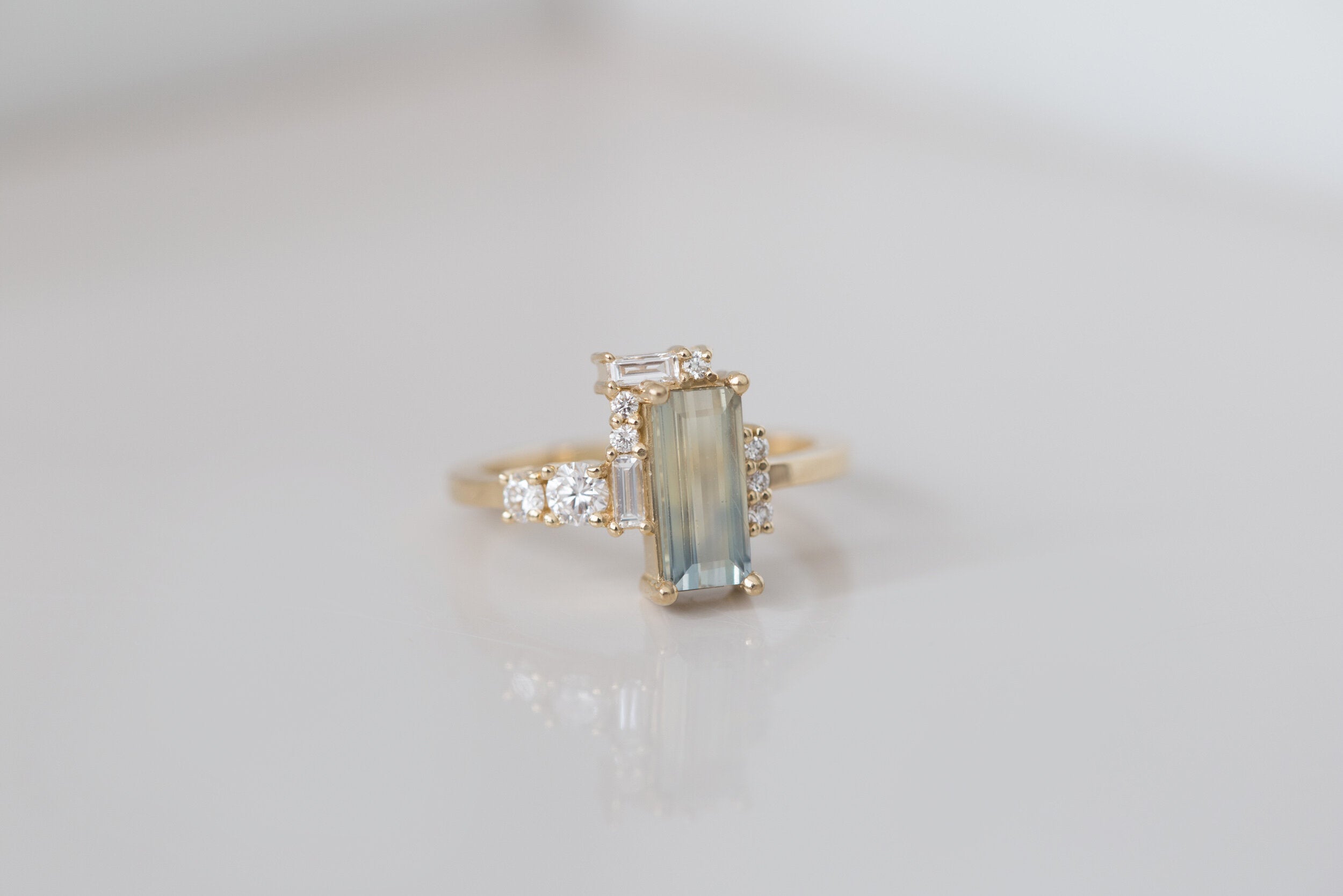 Bicolor Sapphire + Baguette and Round Diamond Semi Halo Cluster Engagement Ring | 14k Recycled Gold | One of a Kind