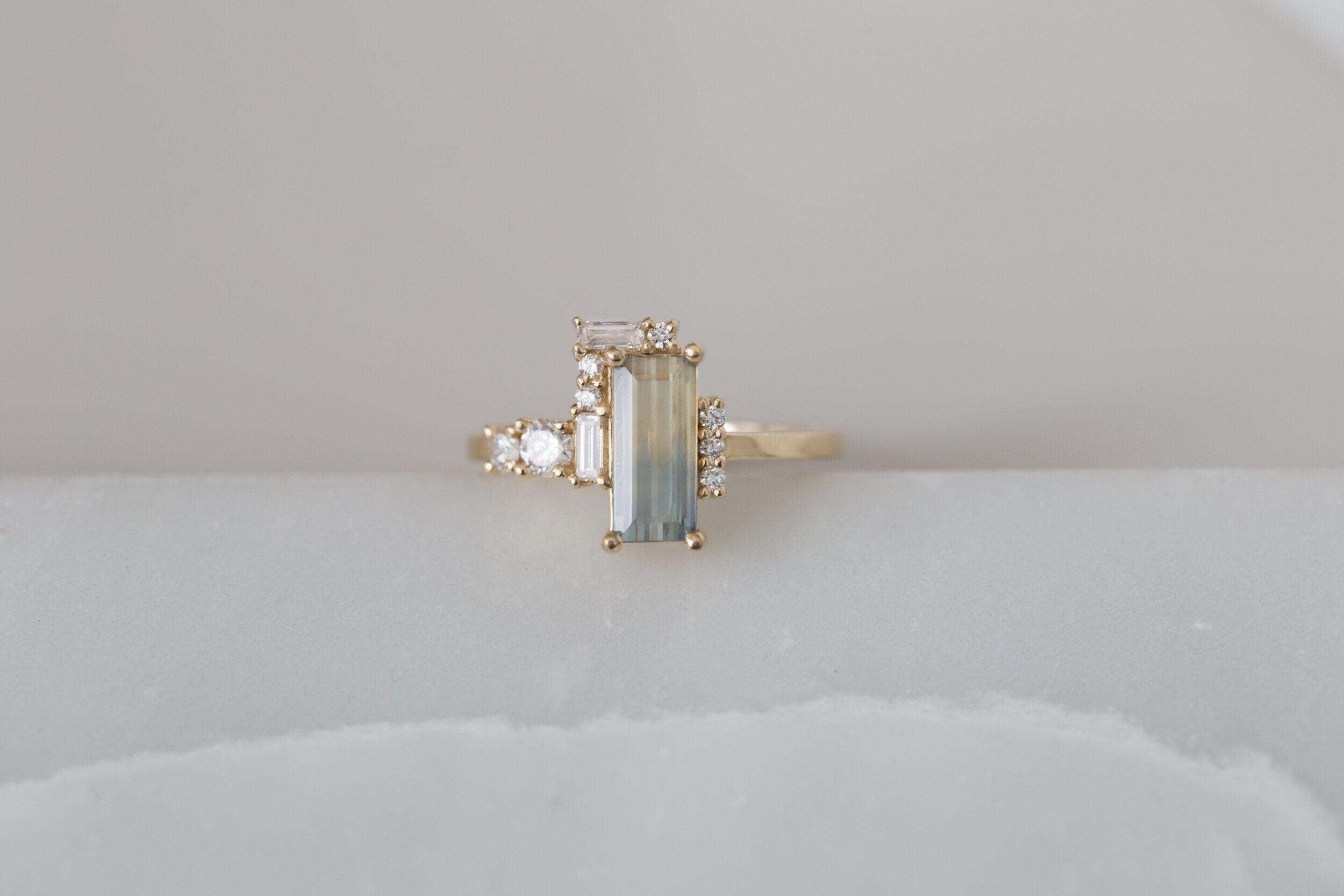 Bicolor Sapphire + Baguette and Round Diamond Semi Halo Cluster Engagement Ring | 14k Recycled Gold | One of a Kind