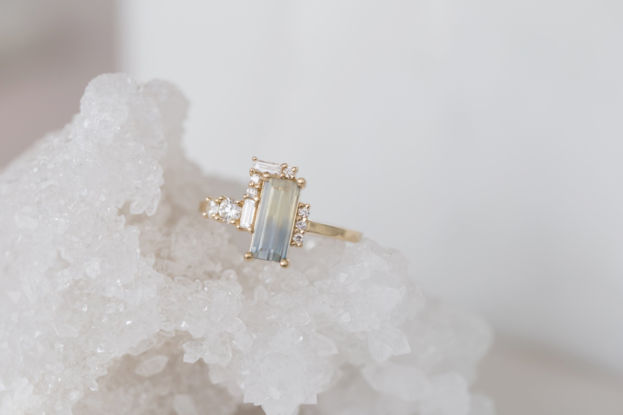 Bicolor Sapphire + Baguette and Round Diamond Semi Halo Cluster Engagement Ring | 14k Recycled Gold | One of a Kind