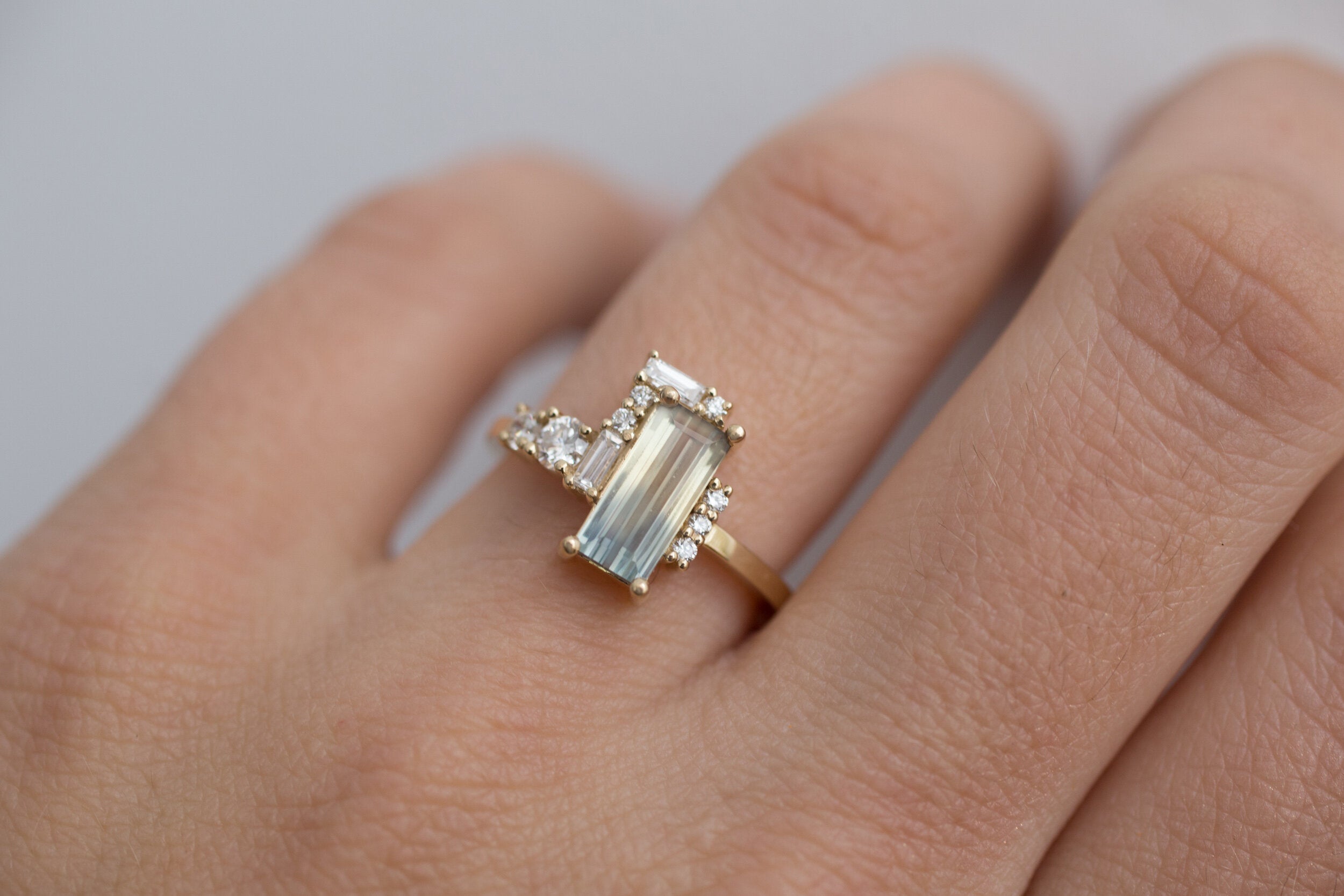 Bicolor Sapphire + Baguette and Round Diamond Semi Halo Cluster Engagement Ring | 14k Recycled Gold | One of a Kind