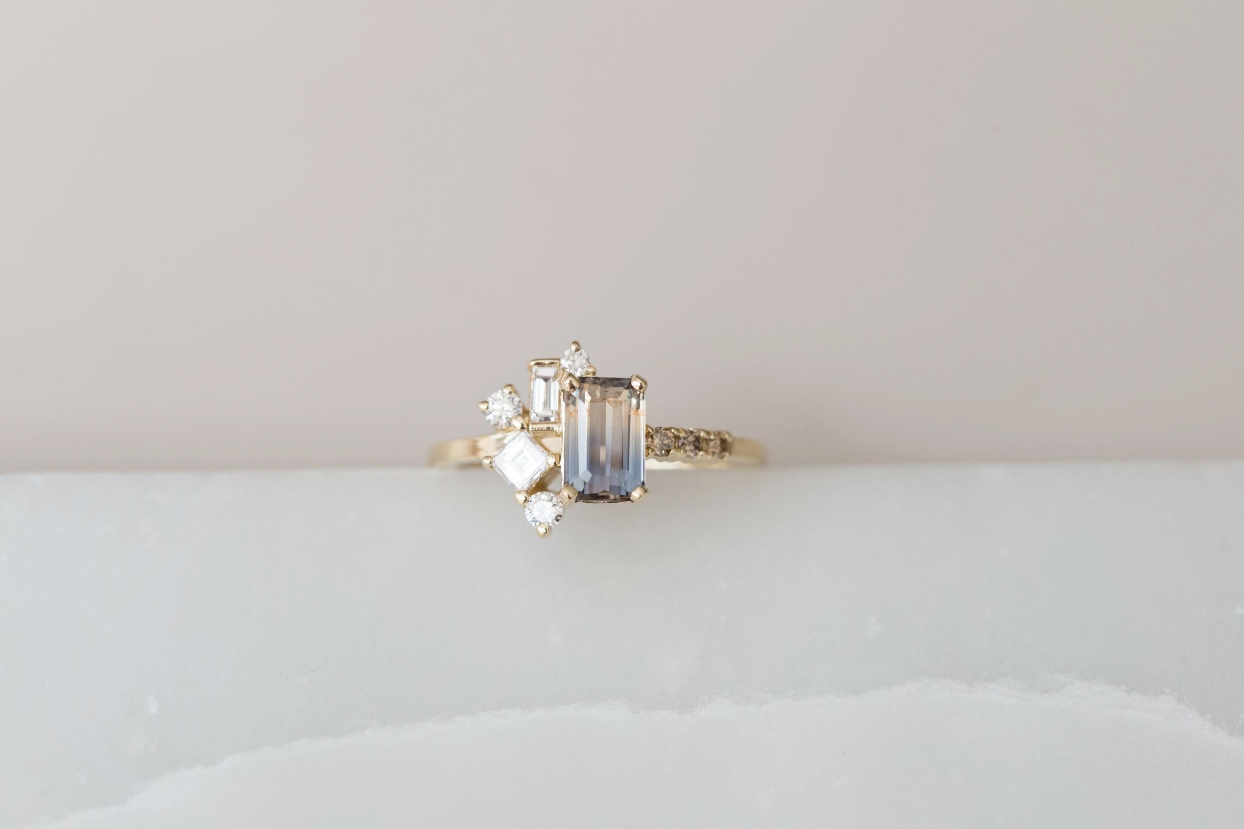 Emerald Cut Bicolor Sapphire + Diamond Step Cut Cluster Engagement Ring | 14k Recycled Gold | One of a Kind