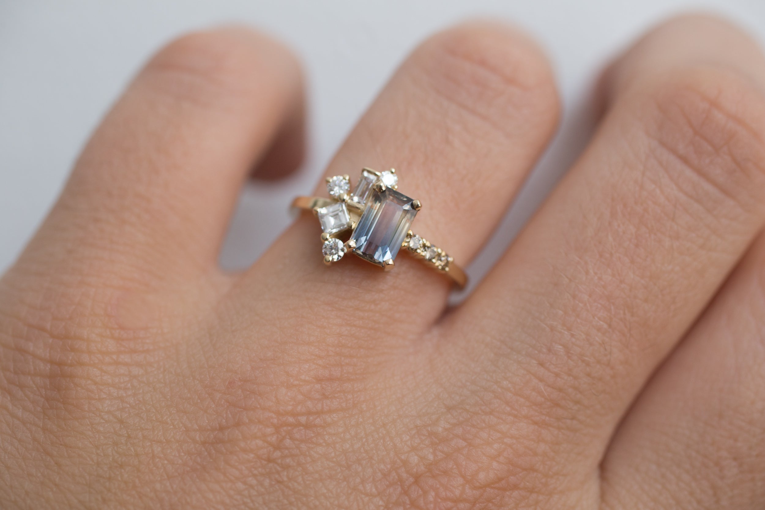 Emerald Cut Bicolor Sapphire + Diamond Step Cut Cluster Engagement Ring | 14k Recycled Gold | One of a Kind