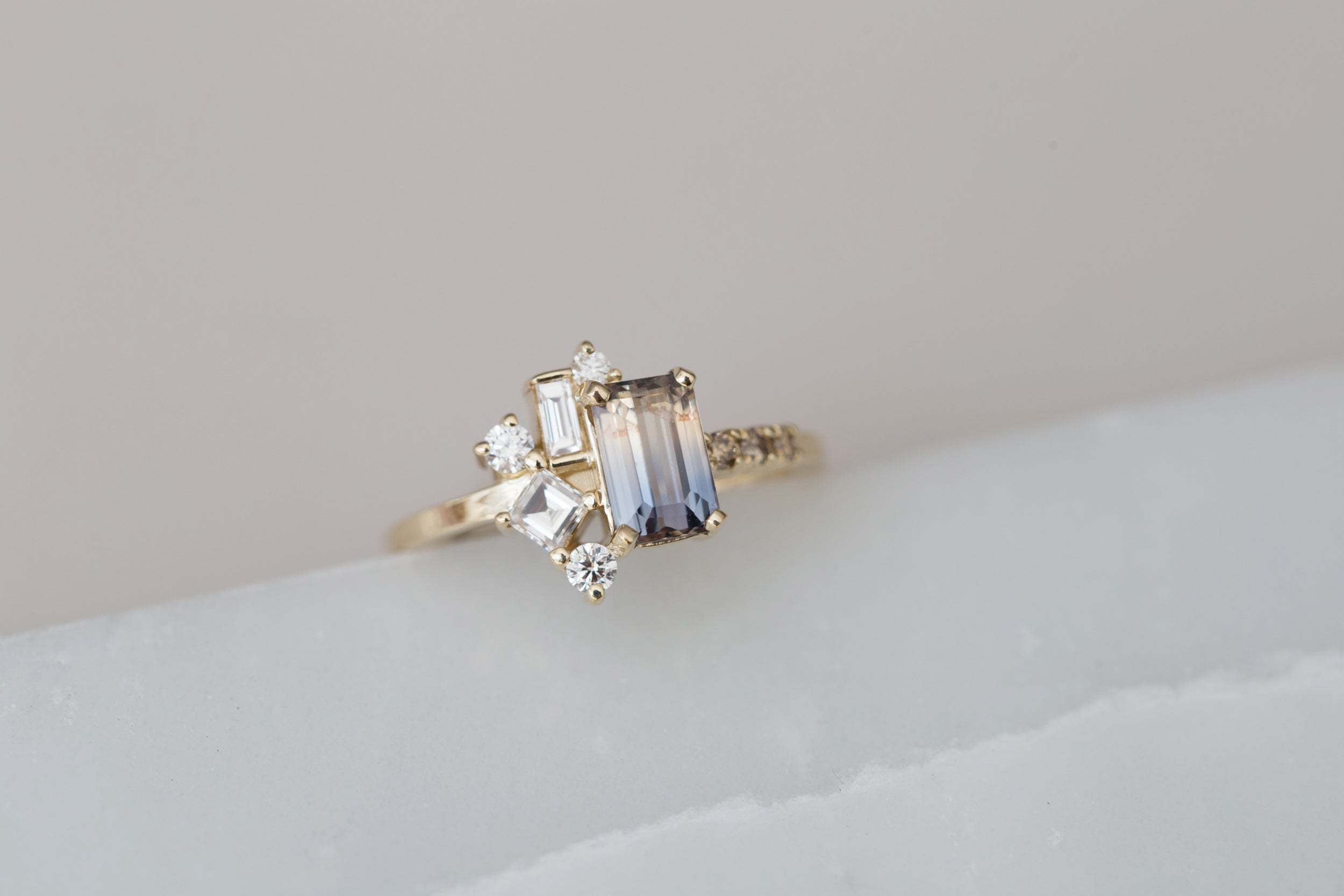 Emerald Cut Bicolor Sapphire + Diamond Step Cut Cluster Engagement Ring | 14k Recycled Gold | One of a Kind