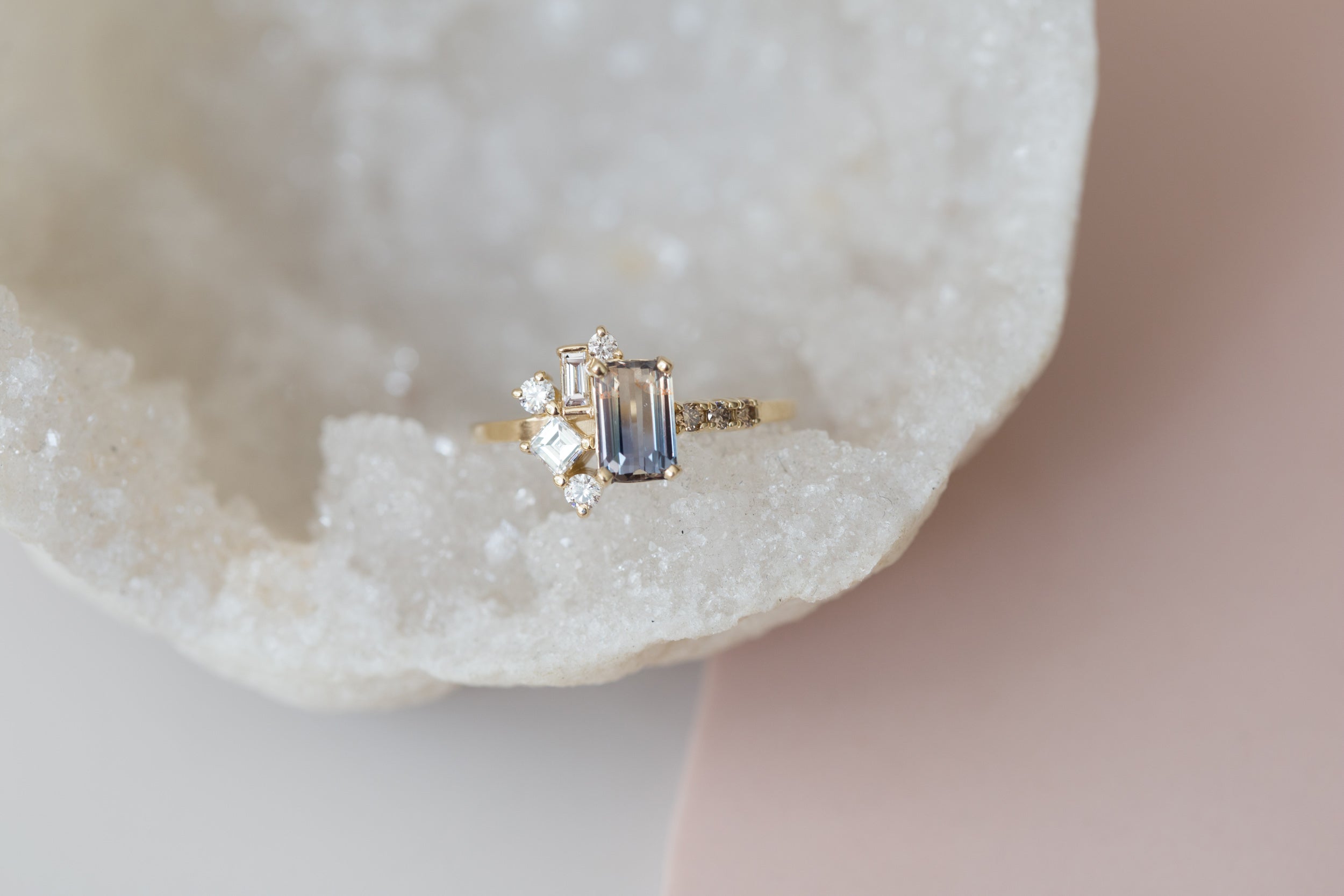 Emerald Cut Bicolor Sapphire + Diamond Step Cut Cluster Engagement Ring | 14k Recycled Gold | One of a Kind