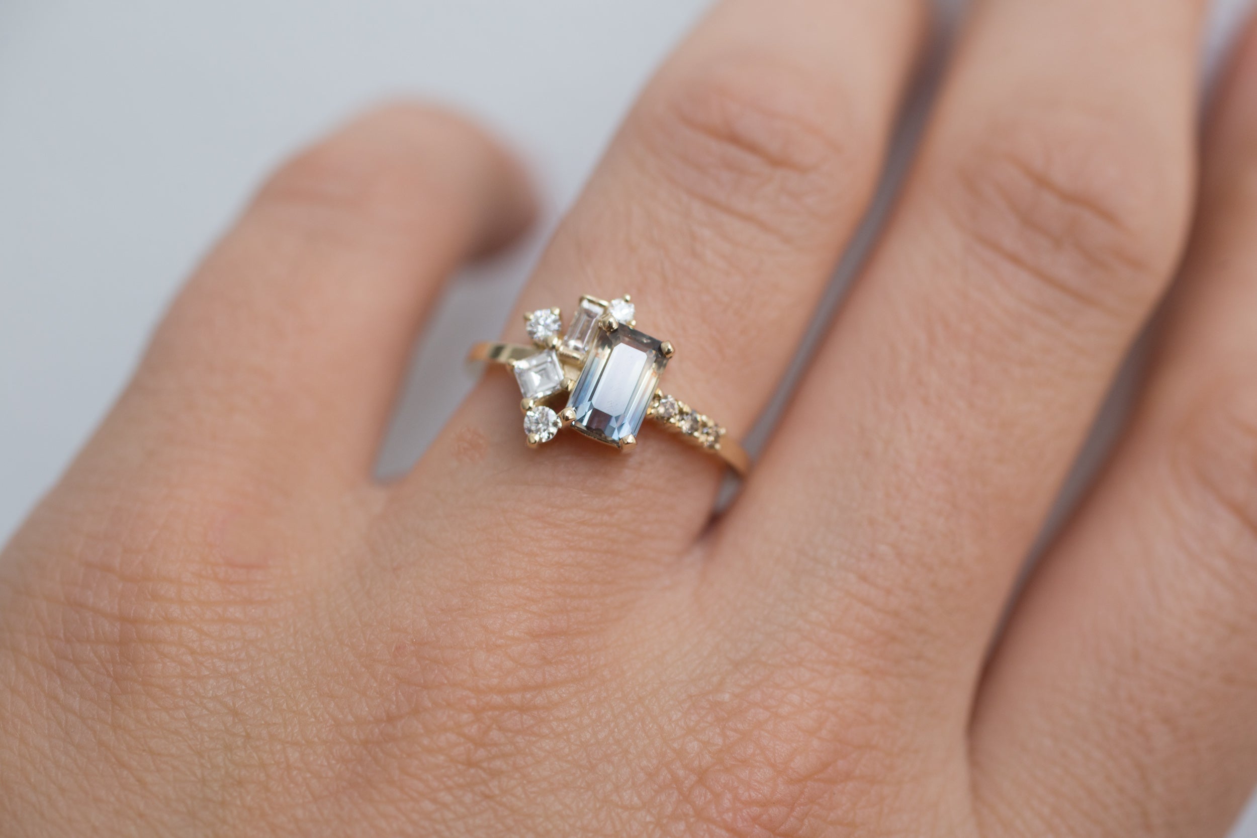 Emerald Cut Bicolor Sapphire + Diamond Step Cut Cluster Engagement Ring | 14k Recycled Gold | One of a Kind