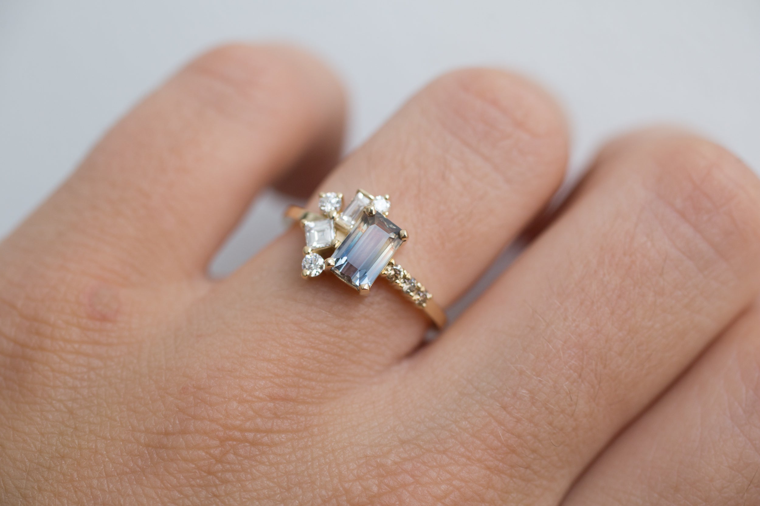 Emerald Cut Bicolor Sapphire + Diamond Step Cut Cluster Engagement Ring | 14k Recycled Gold | One of a Kind