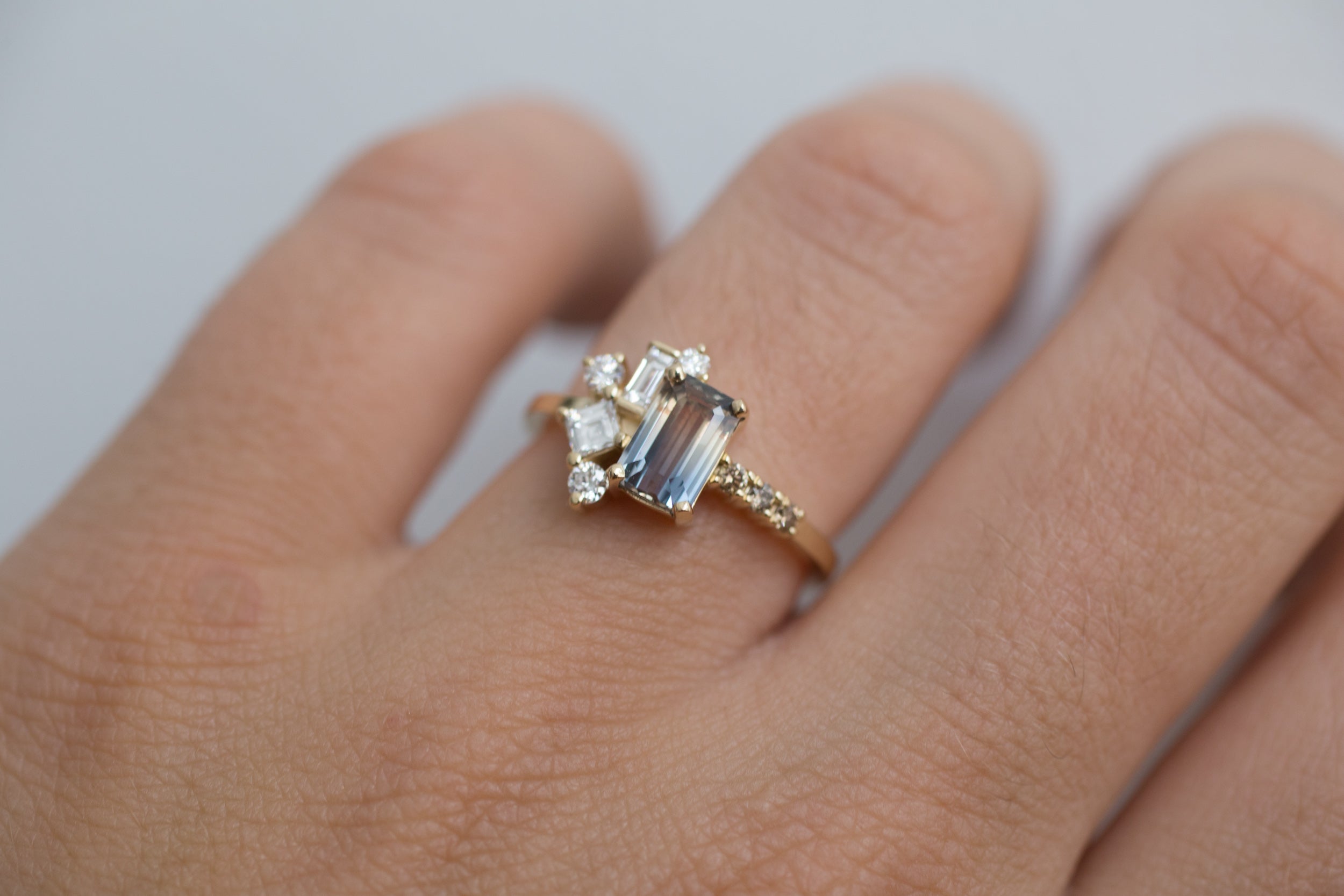 Emerald Cut Bicolor Sapphire + Diamond Step Cut Cluster Engagement Ring | 14k Recycled Gold | One of a Kind