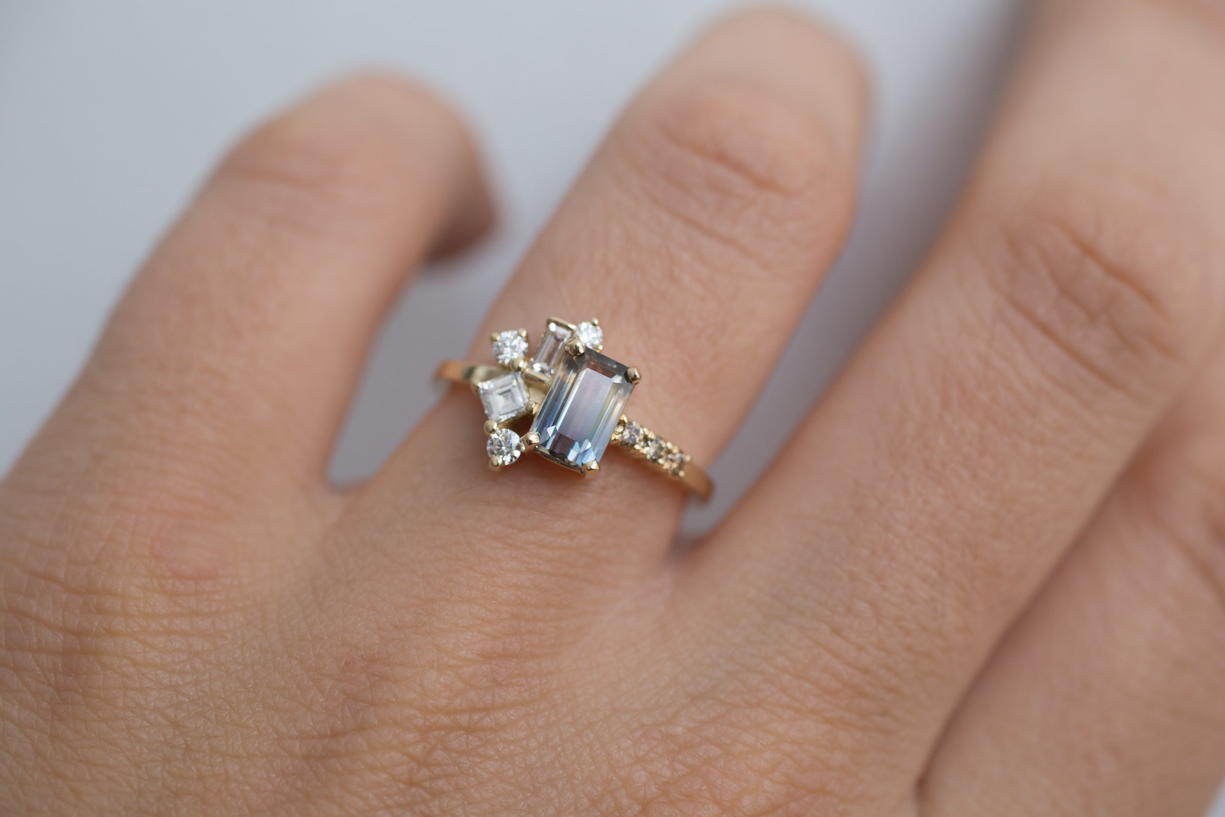 Emerald Cut Bicolor Sapphire + Diamond Step Cut Cluster Engagement Ring | 14k Recycled Gold | One of a Kind