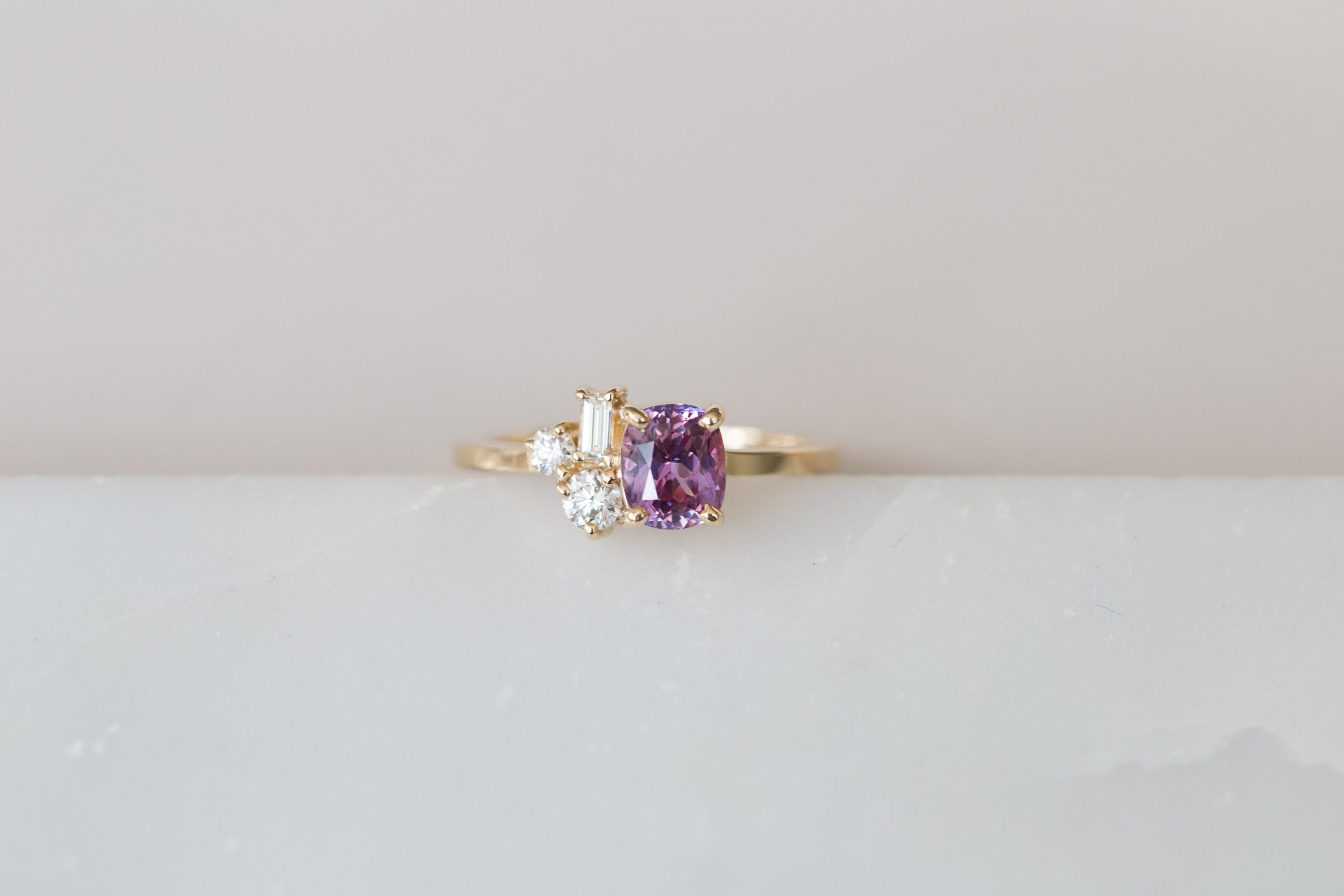 Bicolor Magenta Sapphire + Baguette and Round Diamond Cluster Engagement Ring | 14k Recycled Gold | One of a Kind
