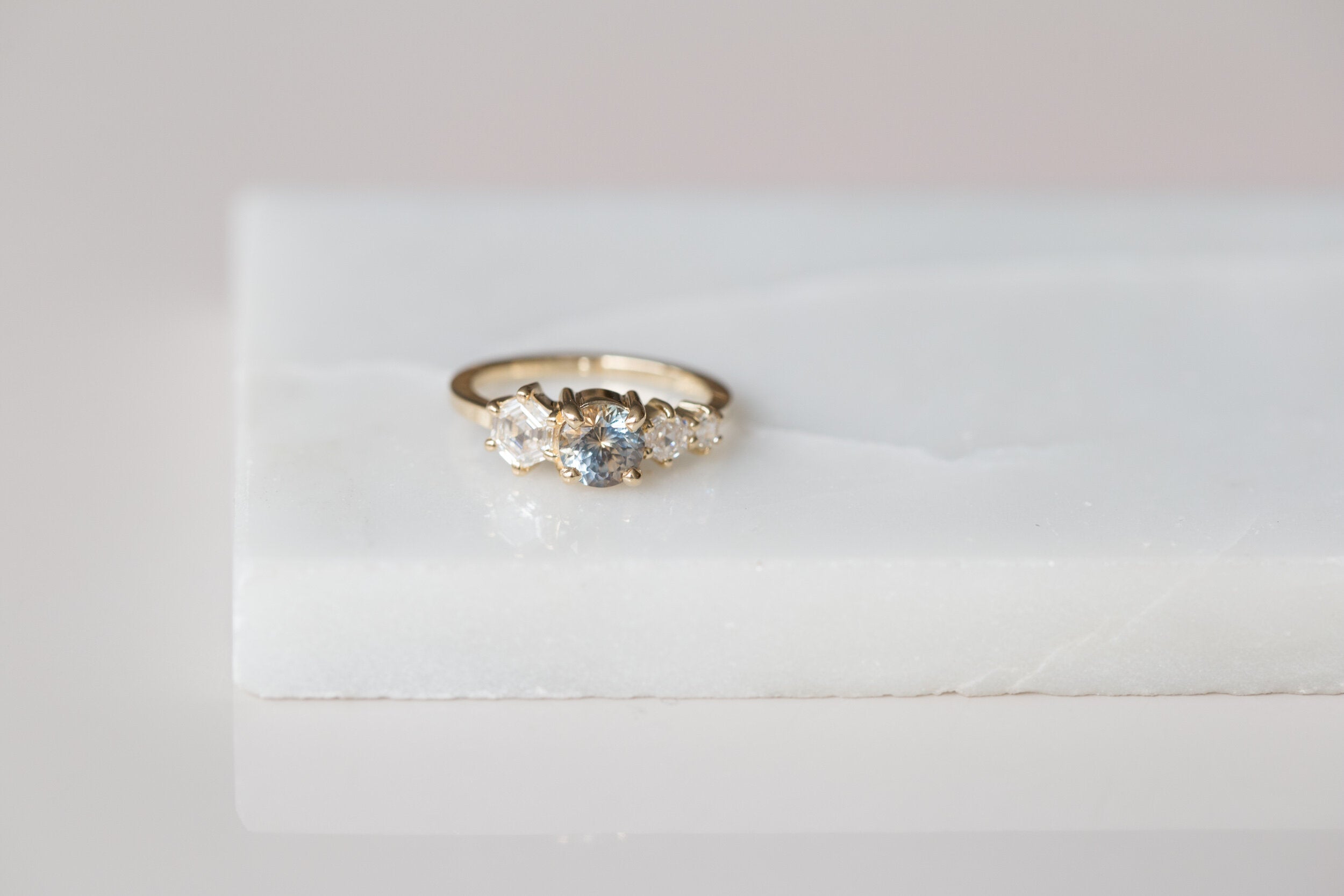 Aster Ring | Bicolor Montana Sapphire + Hexagon Diamond Cluster Engagement Ring | 14k Recycled Gold