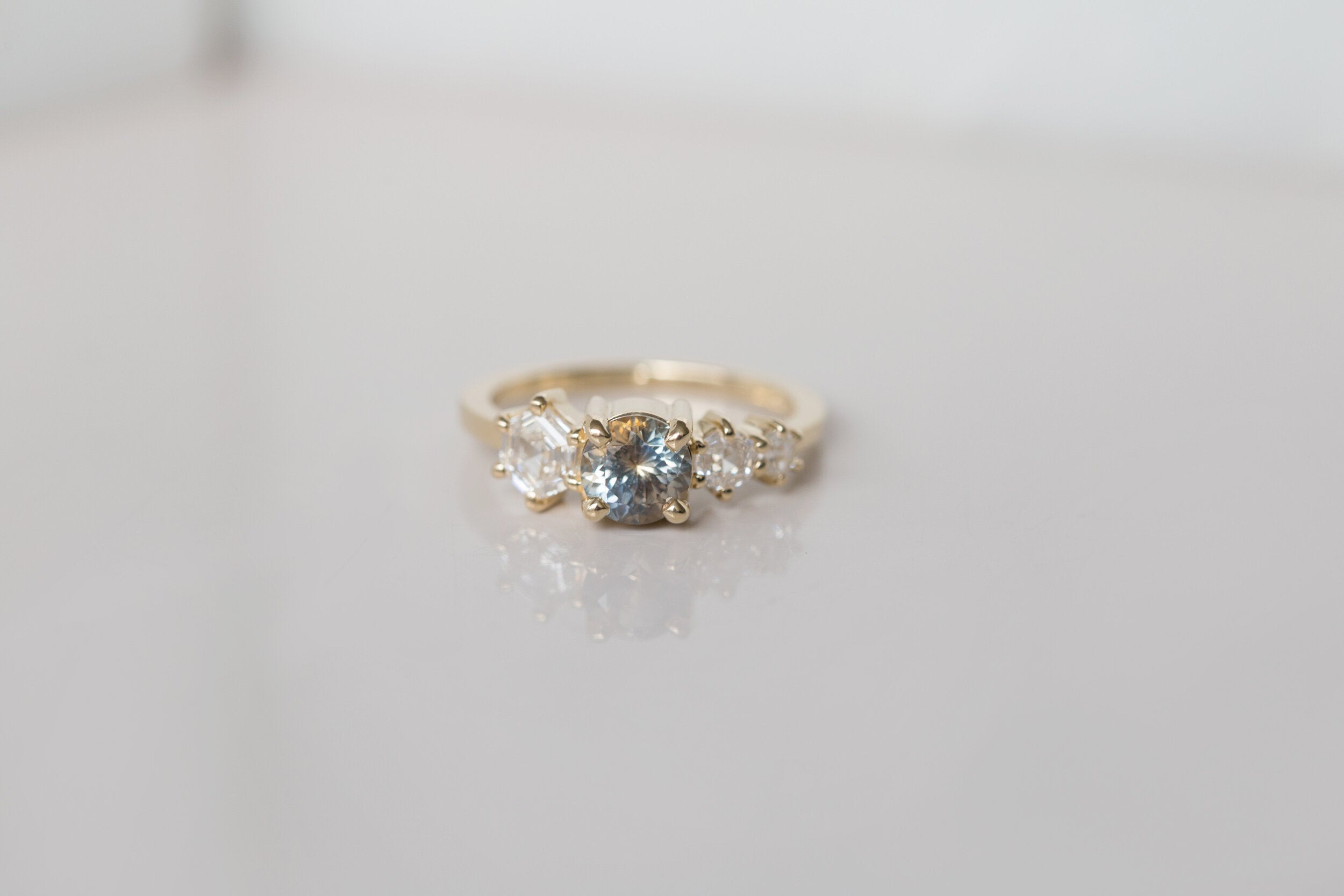 Aster Ring | Bicolor Montana Sapphire + Hexagon Diamond Cluster Engagement Ring | 14k Recycled Gold