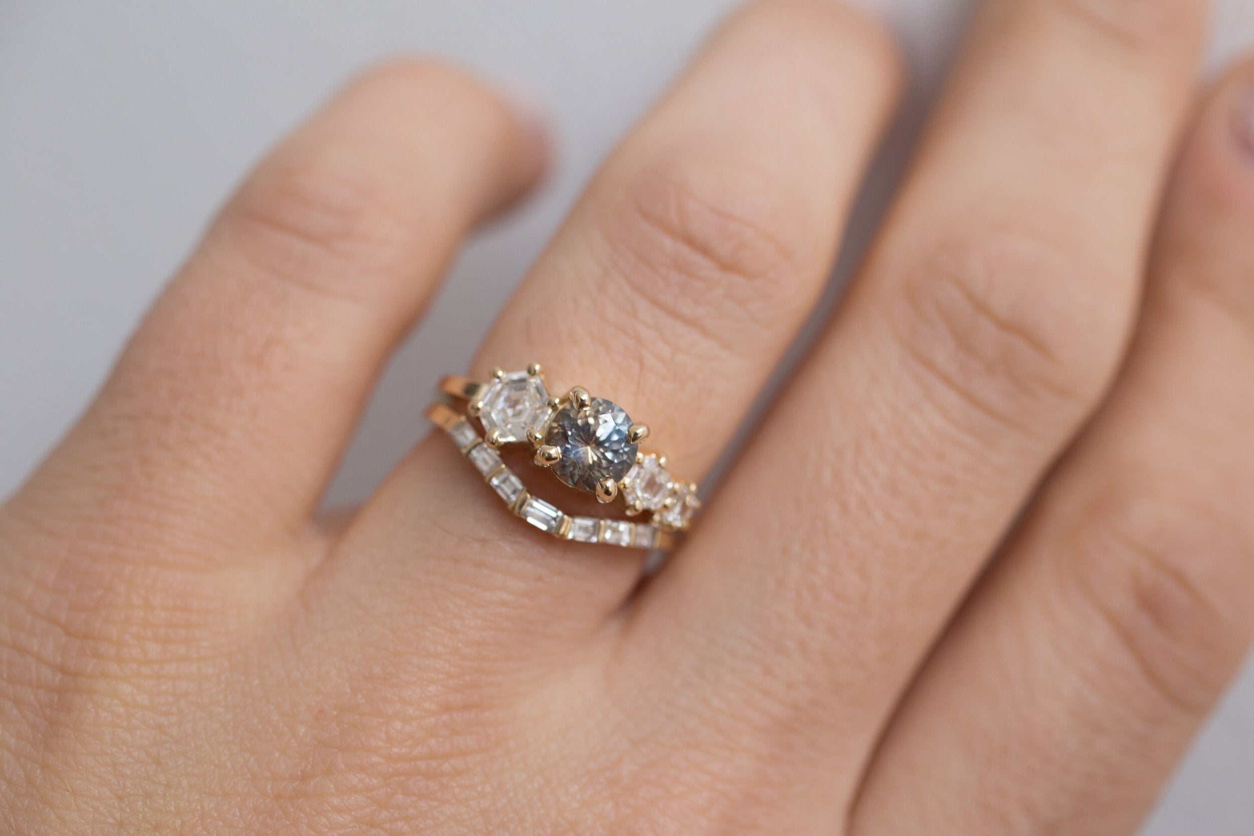 Aster Ring | Bicolor Montana Sapphire + Hexagon Diamond Cluster Engagement Ring | 14k Recycled Gold