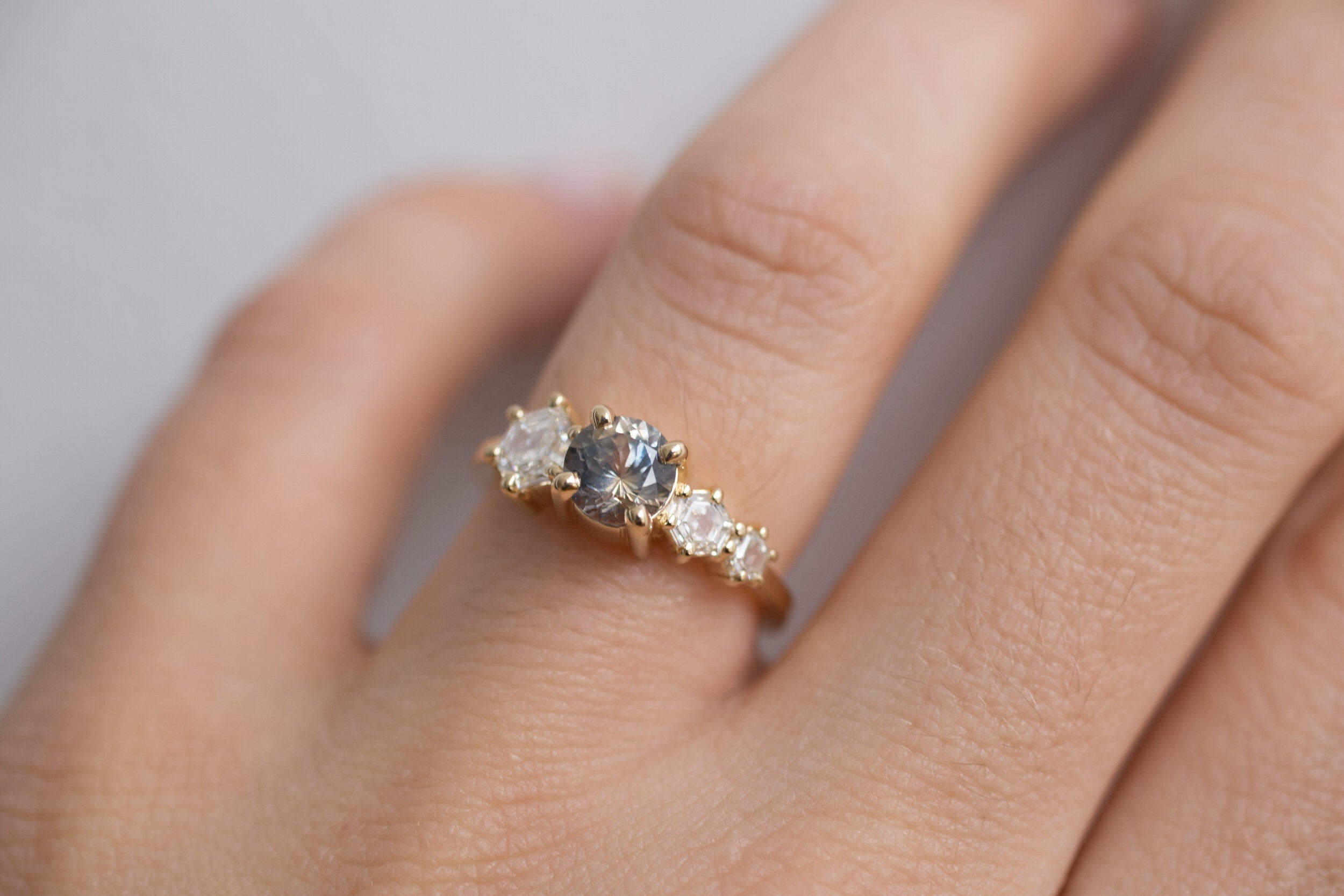 Aster Ring | Bicolor Montana Sapphire + Hexagon Diamond Cluster Engagement Ring | 14k Recycled Gold