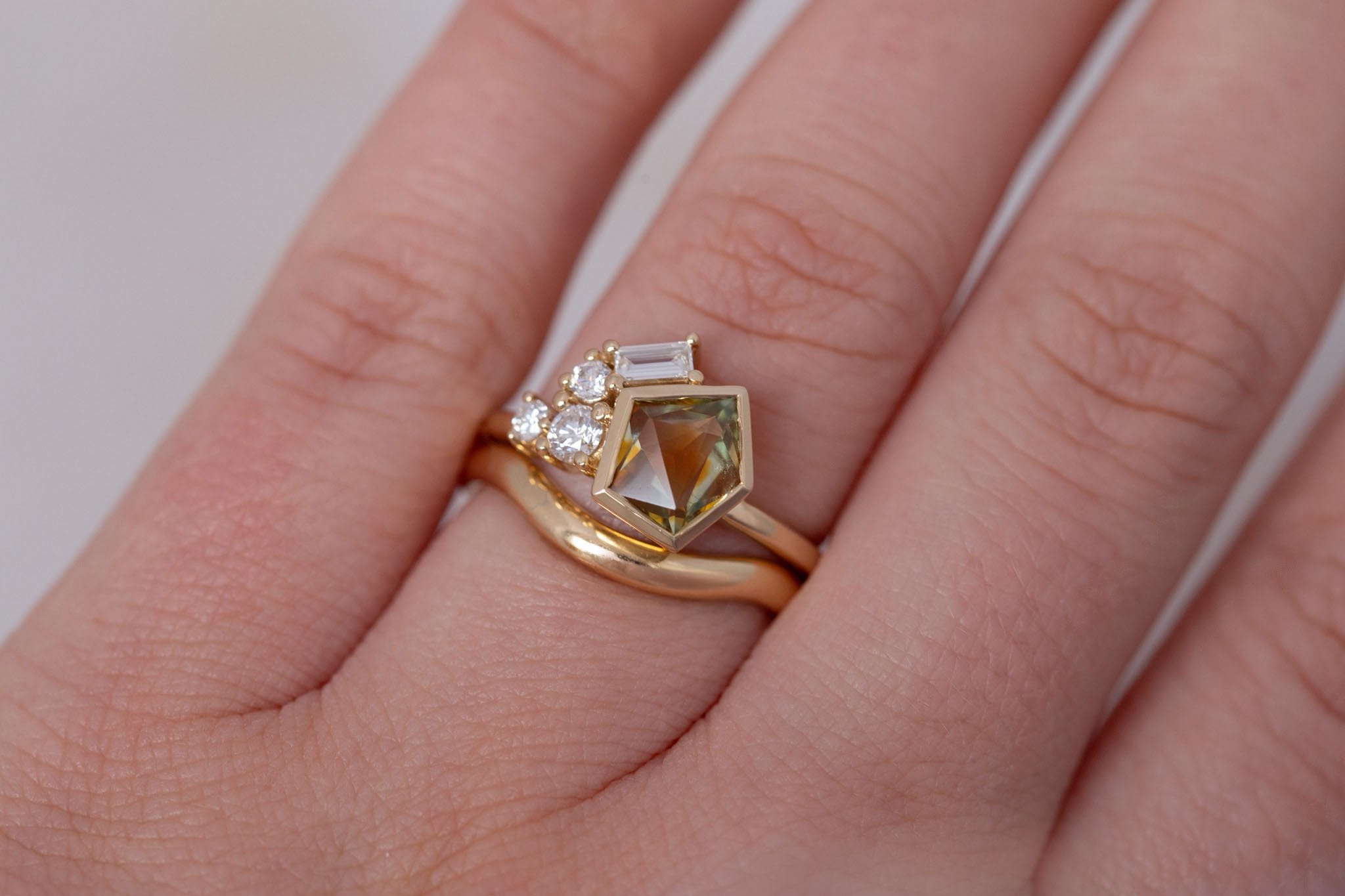 Sarria Ring | Bicolor Ochre Geocut Sapphire + Diamond Cluster Engagement Ring 1.29 ct | 14k Recycled Gold | One of a Kind