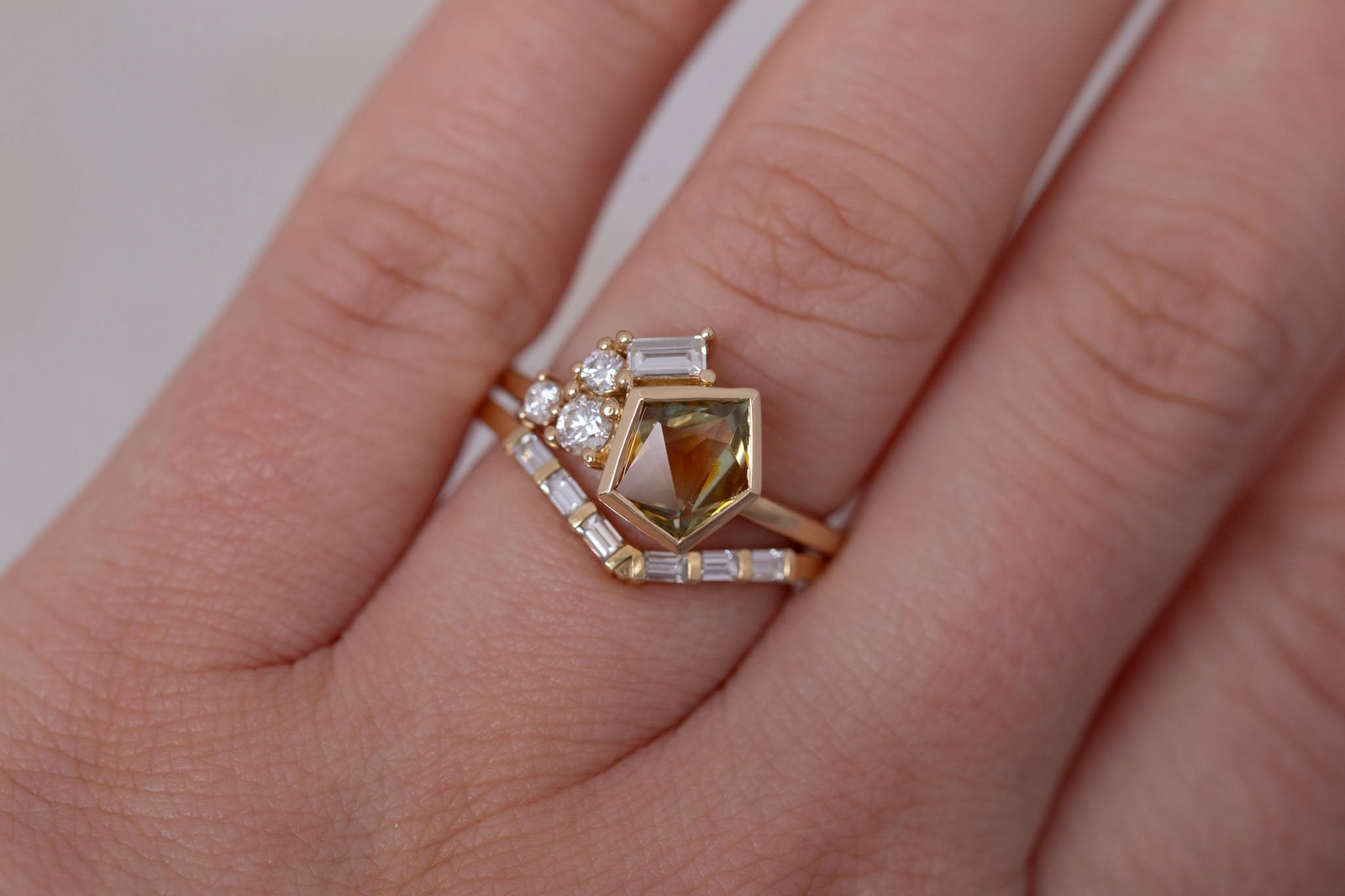 Sarria Ring | Bicolor Ochre Geocut Sapphire + Diamond Cluster Engagement Ring 1.29 ct | 14k Recycled Gold | One of a Kind