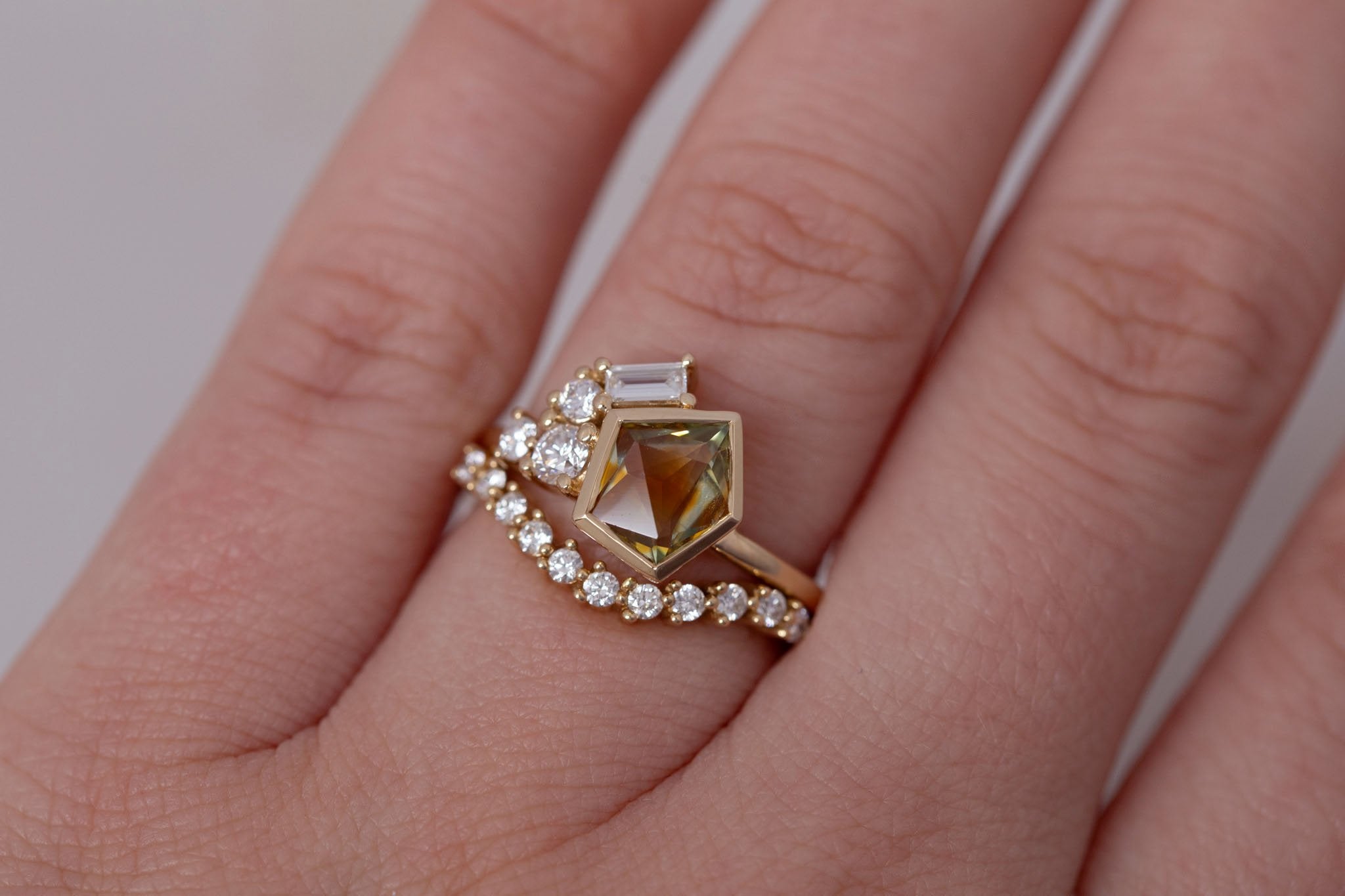 Sarria Ring | Bicolor Ochre Geocut Sapphire + Diamond Cluster Engagement Ring 1.29 ct | 14k Recycled Gold | One of a Kind