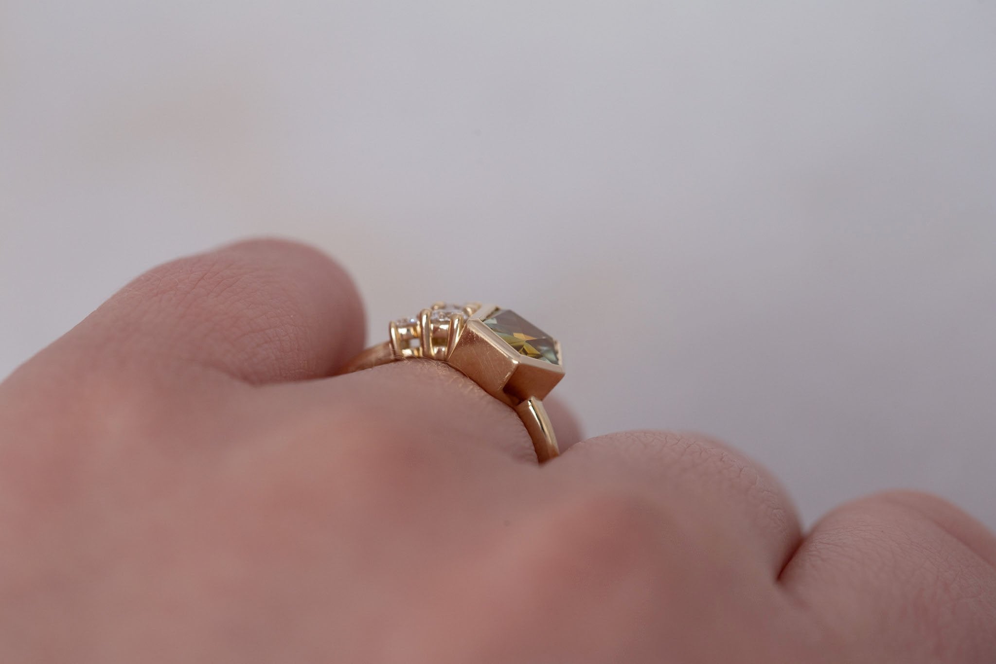 Sarria Ring | Bicolor Ochre Geocut Sapphire + Diamond Cluster Engagement Ring 1.29 ct | 14k Recycled Gold | One of a Kind