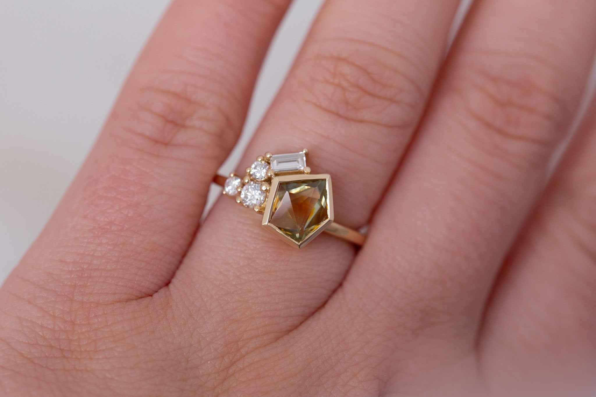 Sarria Ring | Bicolor Ochre Geocut Sapphire + Diamond Cluster Engagement Ring 1.29 ct | 14k Recycled Gold | One of a Kind