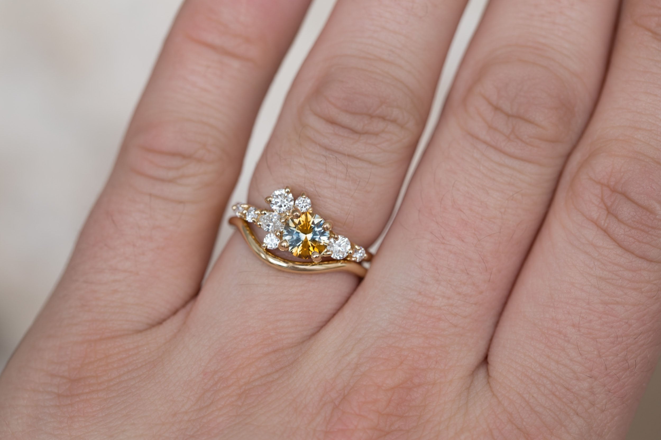 Ilia Ring | Bicolor Orange Blue Sapphire + Diamond Cluster Engagement Ring 1.09 ct | 14k Recycled Gold | One of a Kind