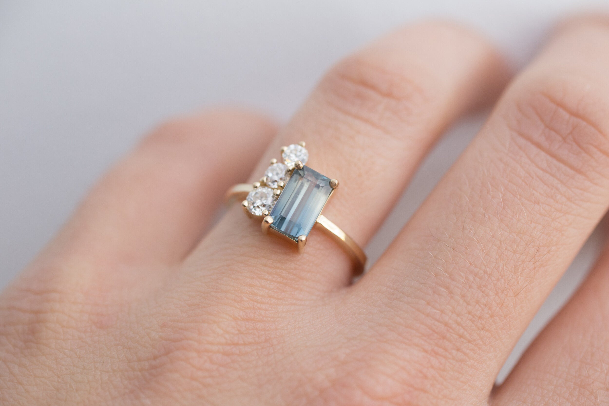 Adra Ring | Bicolor Emerald Cut Sapphire + Old European Cut Diamond Cluster Engagement Ring | 14k Recycled Gold | One of a Kind