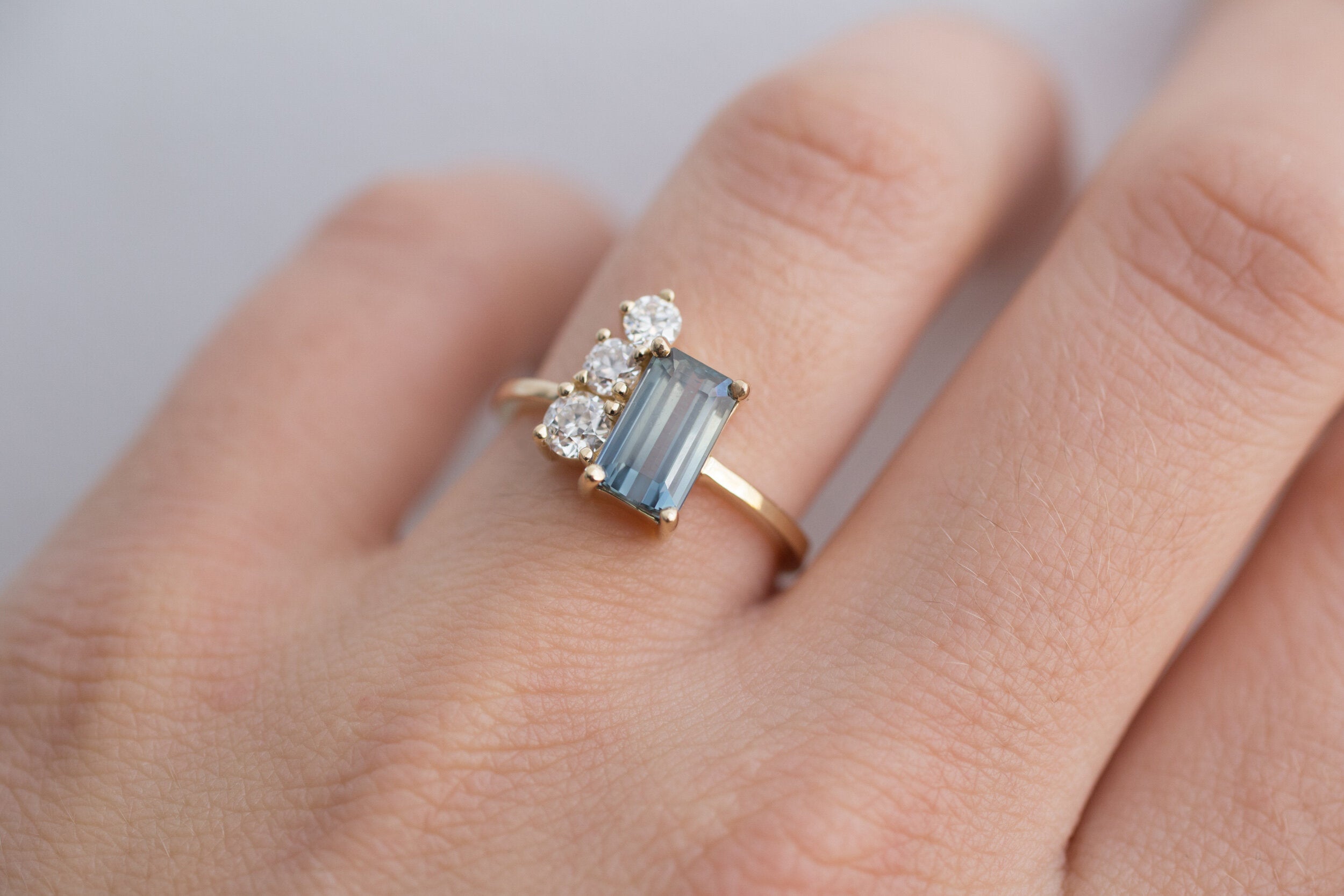Adra Ring | Bicolor Emerald Cut Sapphire + Old European Cut Diamond Cluster Engagement Ring | 14k Recycled Gold | One of a Kind