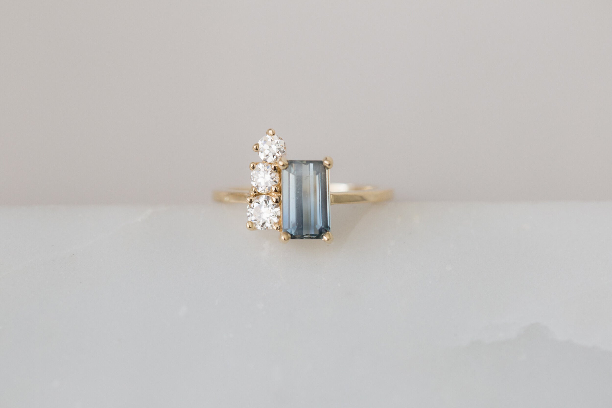 Adra Ring | Bicolor Emerald Cut Sapphire + Old European Cut Diamond Cluster Engagement Ring | 14k Recycled Gold | One of a Kind