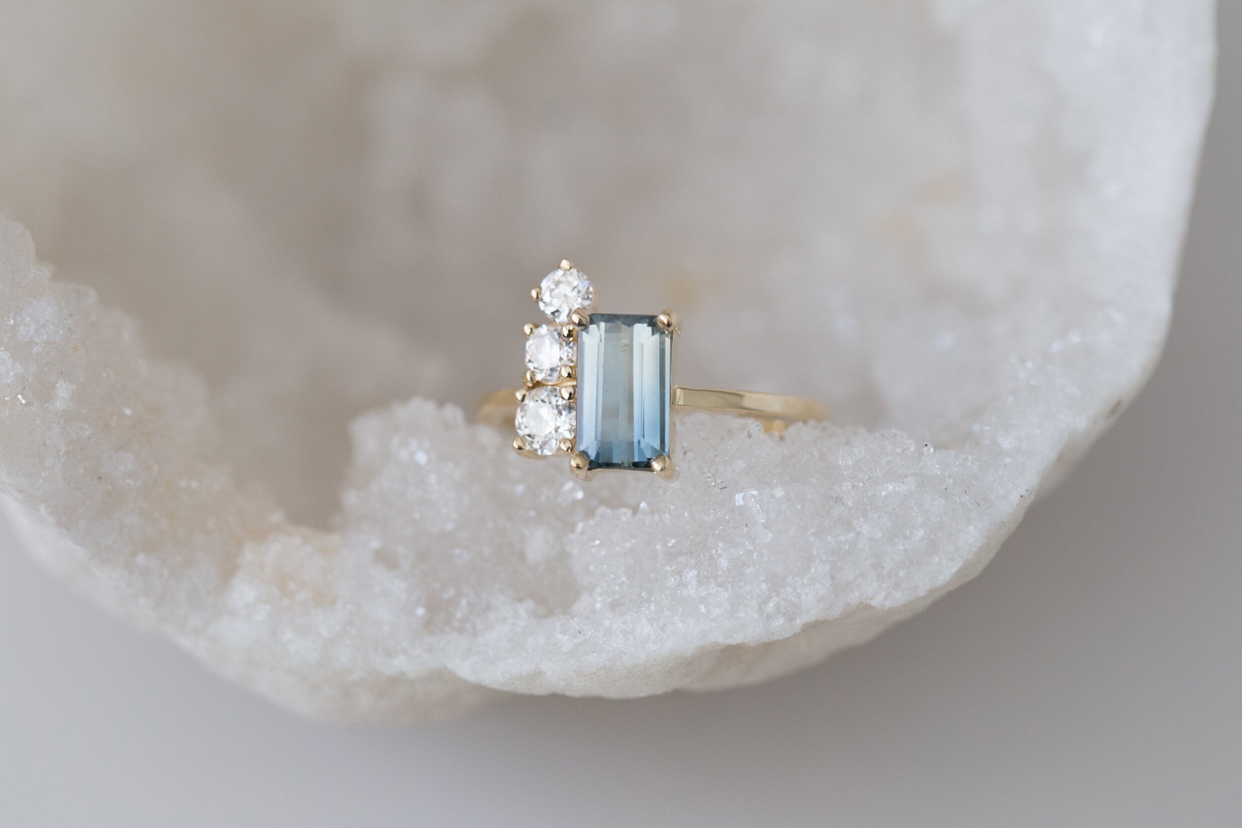 Adra Ring | Bicolor Emerald Cut Sapphire + Old European Cut Diamond Cluster Engagement Ring | 14k Recycled Gold | One of a Kind