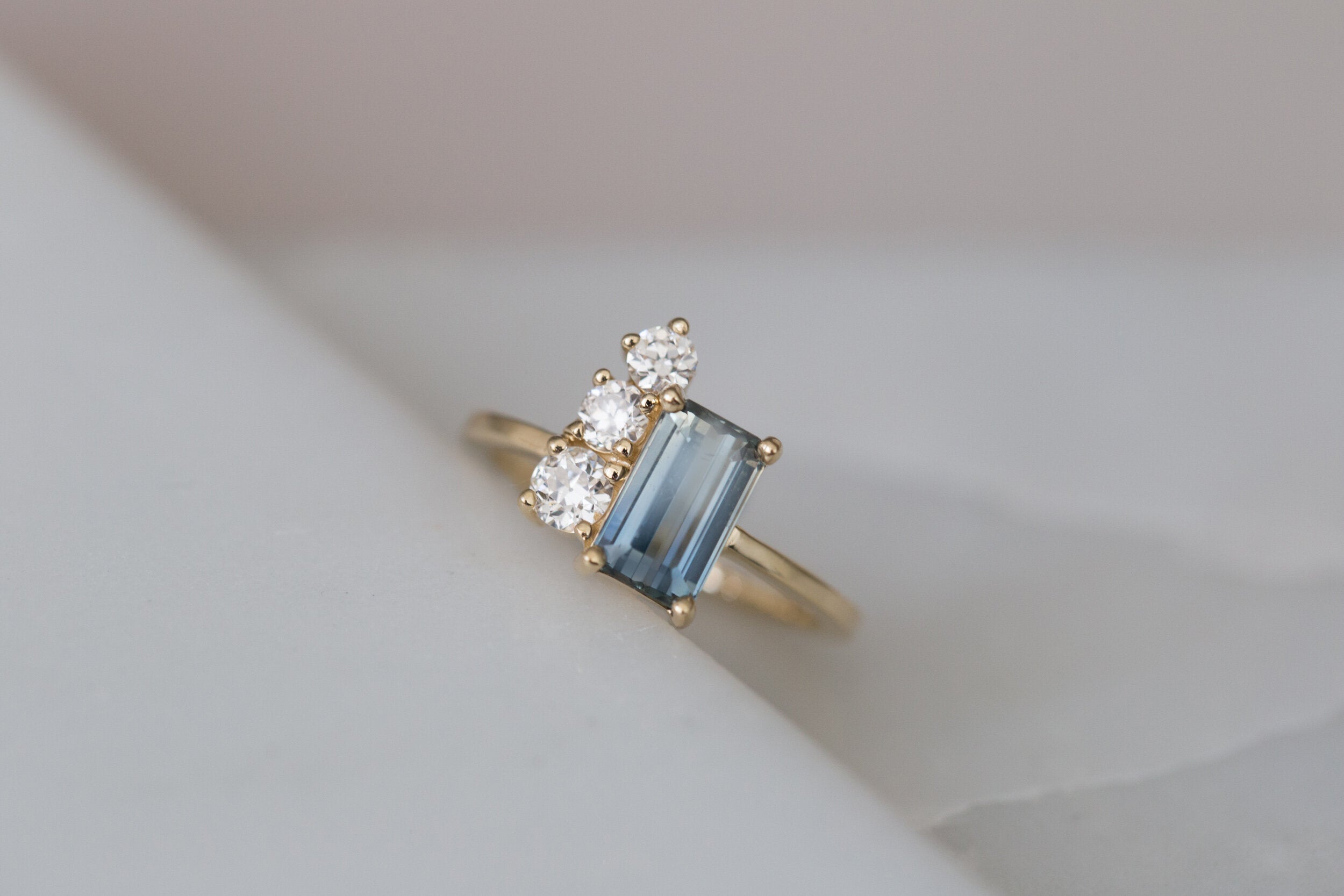 Adra Ring | Bicolor Emerald Cut Sapphire + Old European Cut Diamond Cluster Engagement Ring | 14k Recycled Gold | One of a Kind