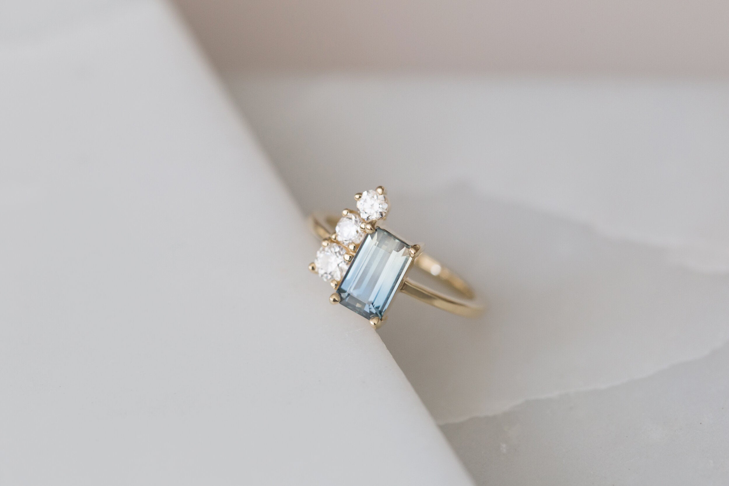 Adra Ring | Bicolor Emerald Cut Sapphire + Old European Cut Diamond Cluster Engagement Ring | 14k Recycled Gold | One of a Kind