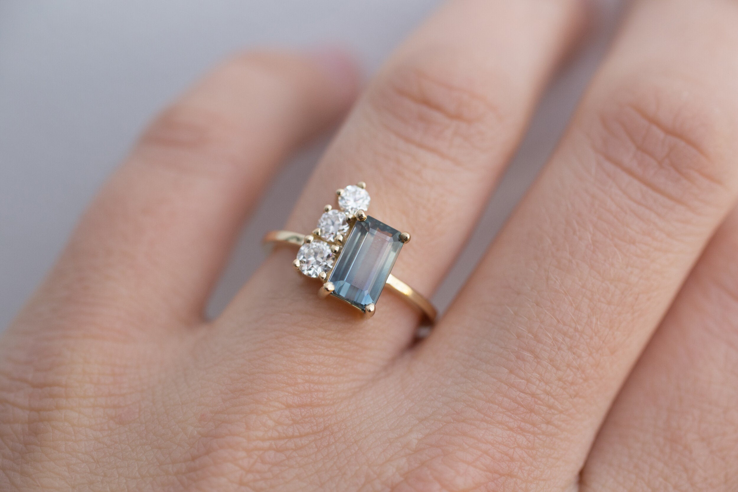 Adra Ring | Bicolor Emerald Cut Sapphire + Old European Cut Diamond Cluster Engagement Ring | 14k Recycled Gold | One of a Kind