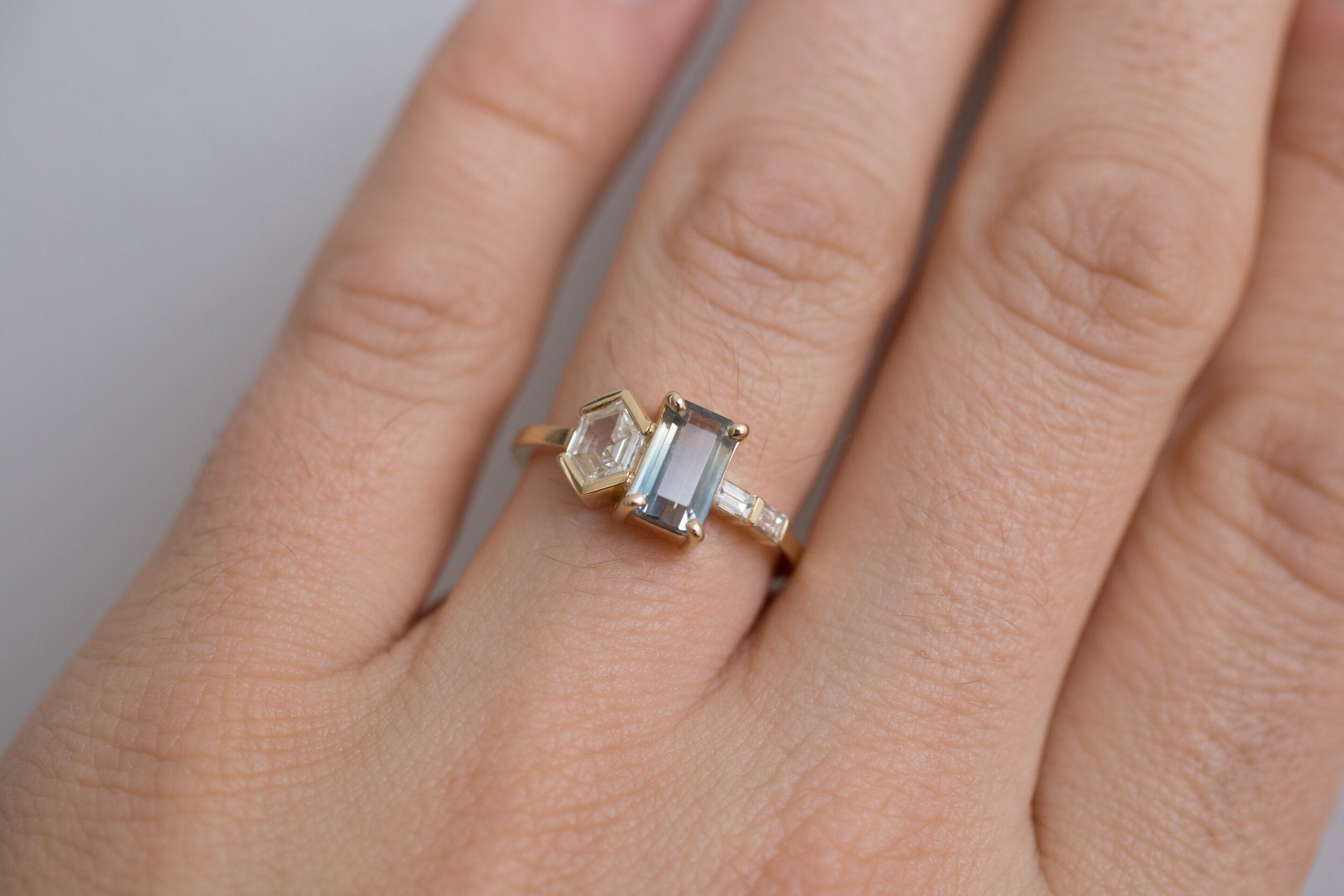 Emerald Cut Bicolor Sapphire + Hexagon Diamond Cluster Engagement Ring | 14k Recycled Gold | One of a Kind