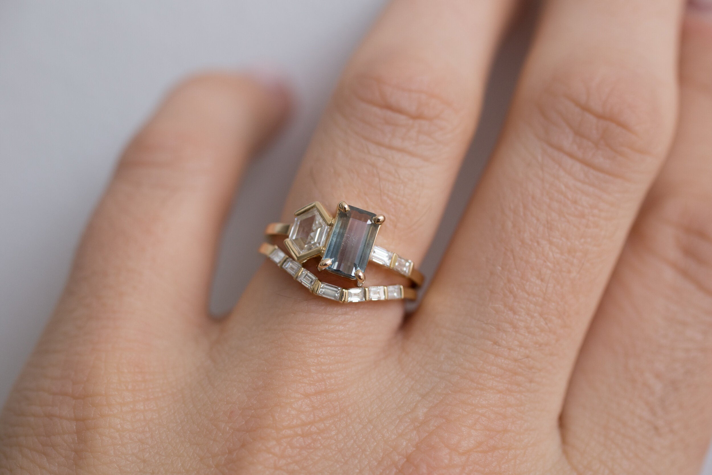 Emerald Cut Bicolor Sapphire + Hexagon Diamond Cluster Engagement Ring | 14k Recycled Gold | One of a Kind