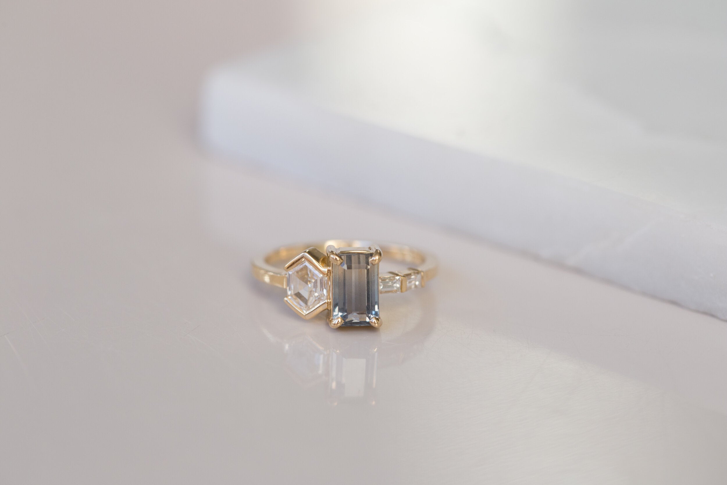 Emerald Cut Bicolor Sapphire + Hexagon Diamond Cluster Engagement Ring | 14k Recycled Gold | One of a Kind