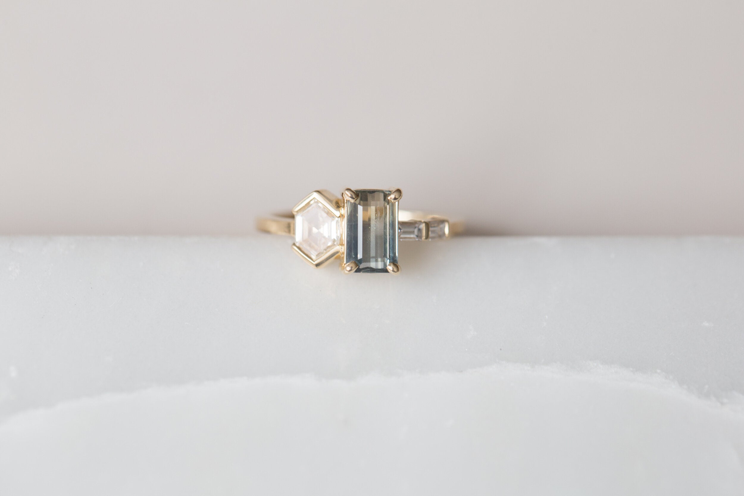 Emerald Cut Bicolor Sapphire + Hexagon Diamond Cluster Engagement Ring | 14k Recycled Gold | One of a Kind