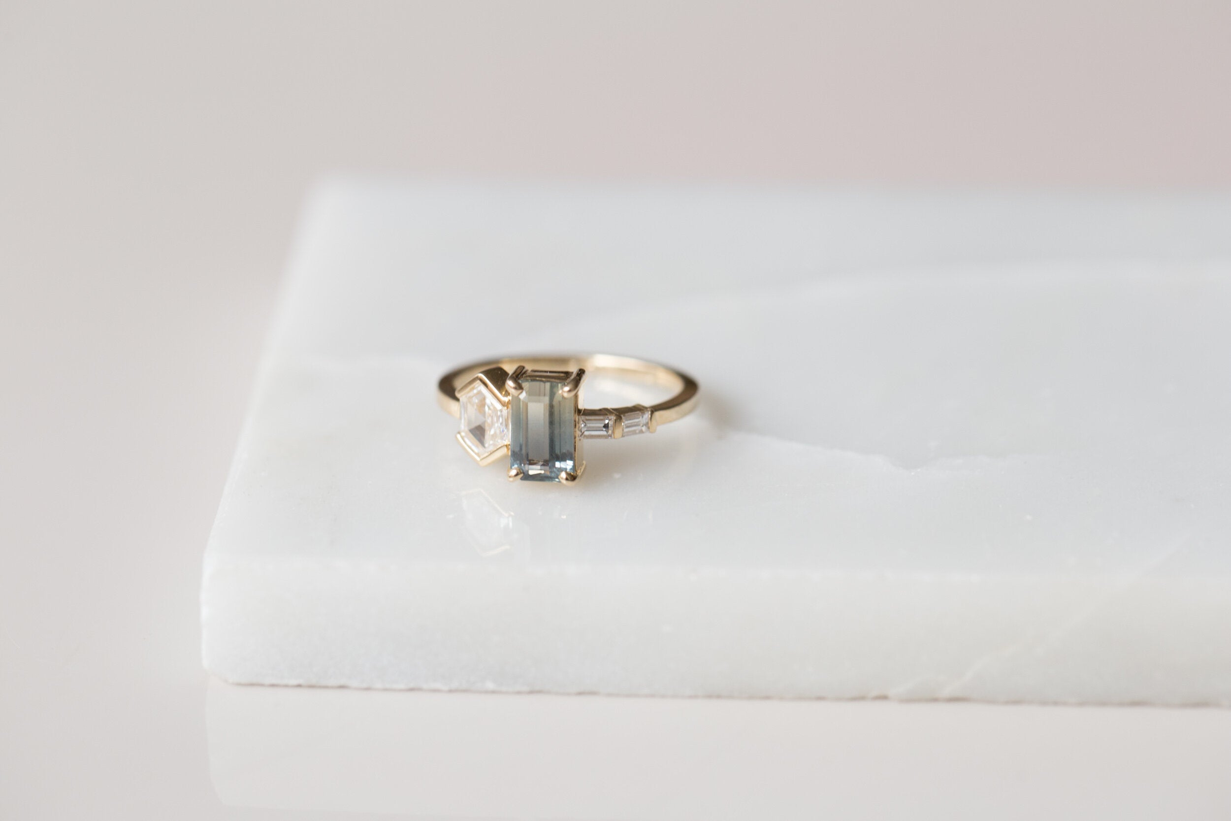 Emerald Cut Bicolor Sapphire + Hexagon Diamond Cluster Engagement Ring | 14k Recycled Gold | One of a Kind