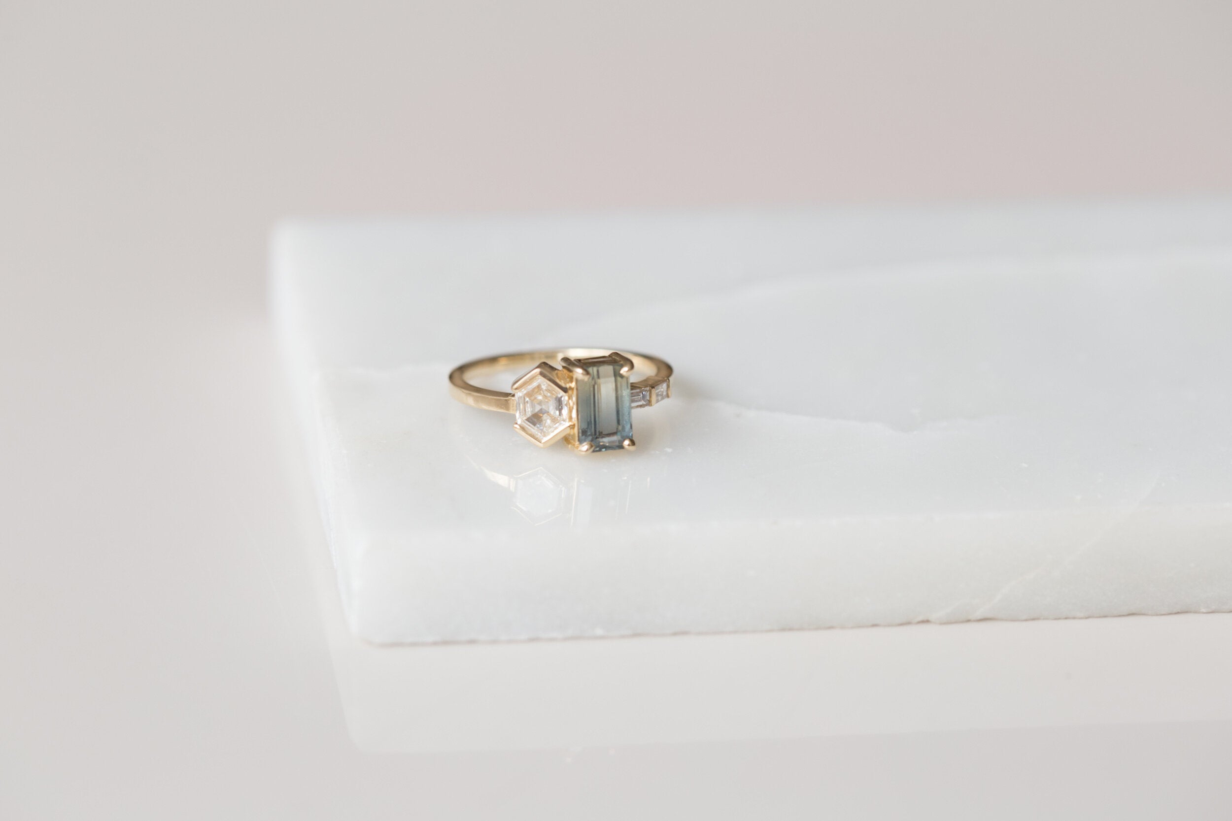 Emerald Cut Bicolor Sapphire + Hexagon Diamond Cluster Engagement Ring | 14k Recycled Gold | One of a Kind
