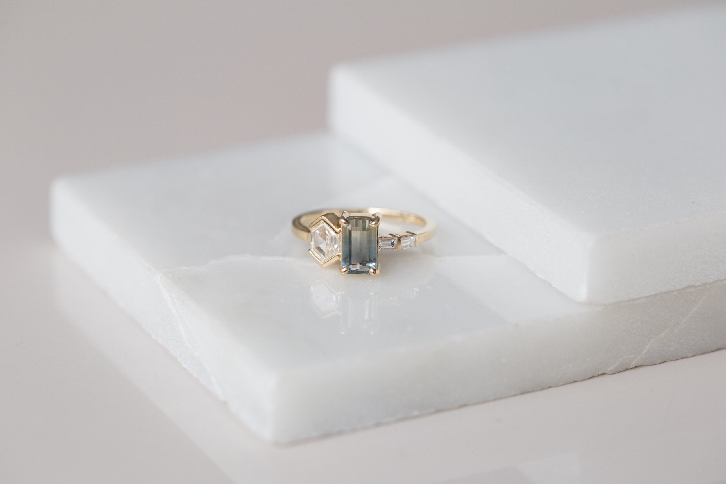 Emerald Cut Bicolor Sapphire + Hexagon Diamond Cluster Engagement Ring | 14k Recycled Gold | One of a Kind