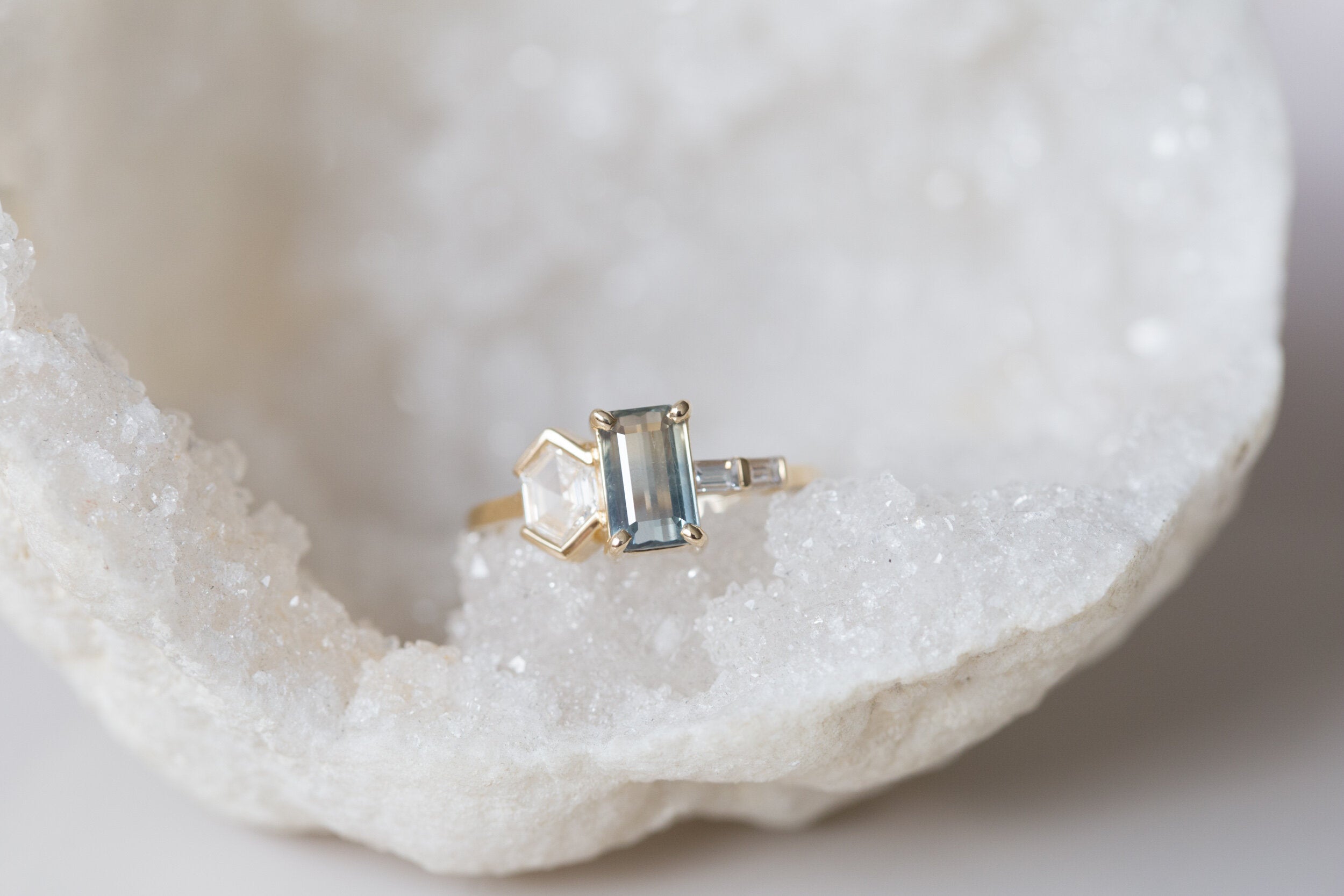 Emerald Cut Bicolor Sapphire + Hexagon Diamond Cluster Engagement Ring | 14k Recycled Gold | One of a Kind