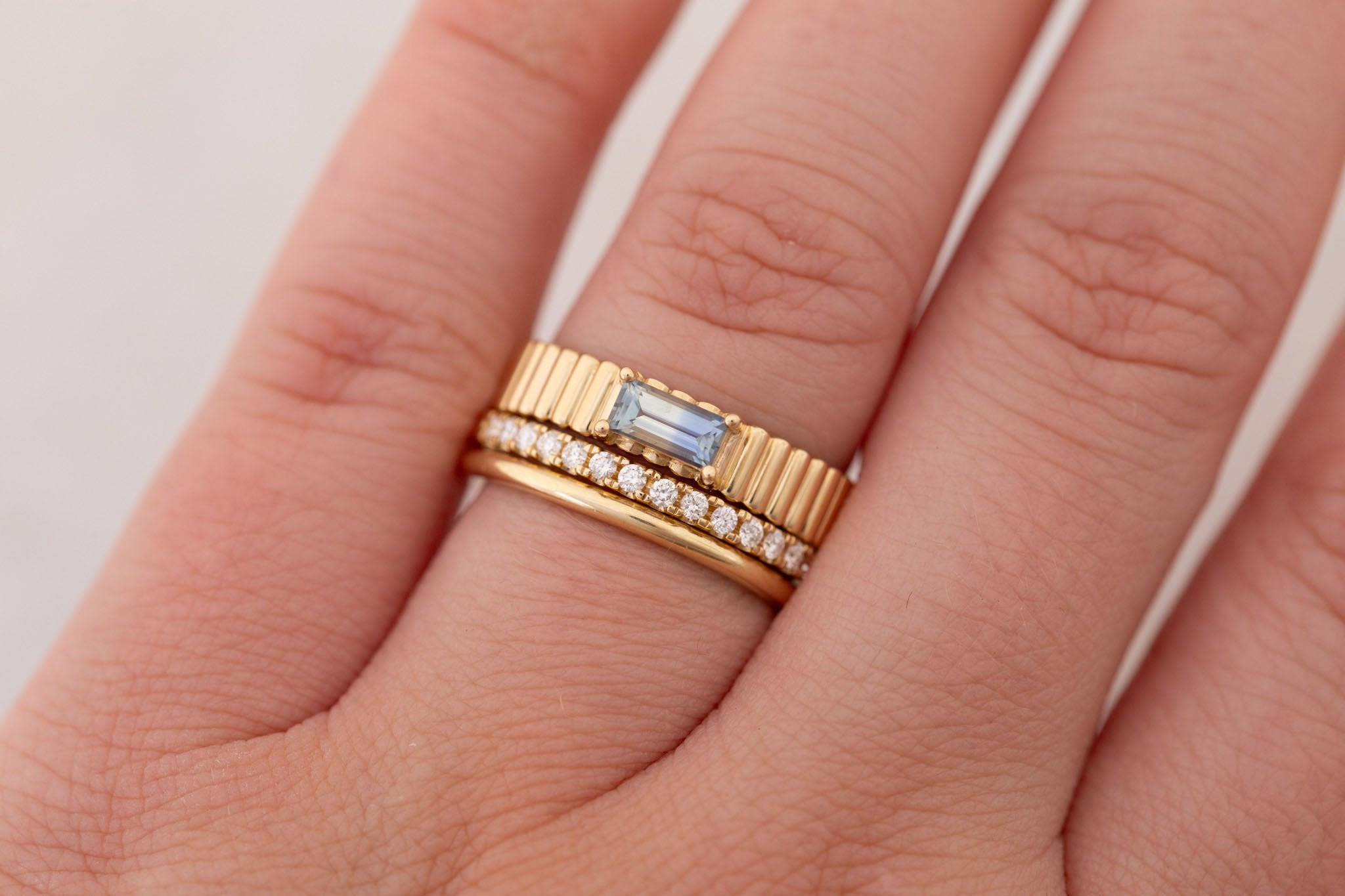 Ellis Ring | Baguette Cut Sapphire + Fluted Band Engagement Ring 0.47 ct | 14k Recycled Gold | One of a Kind