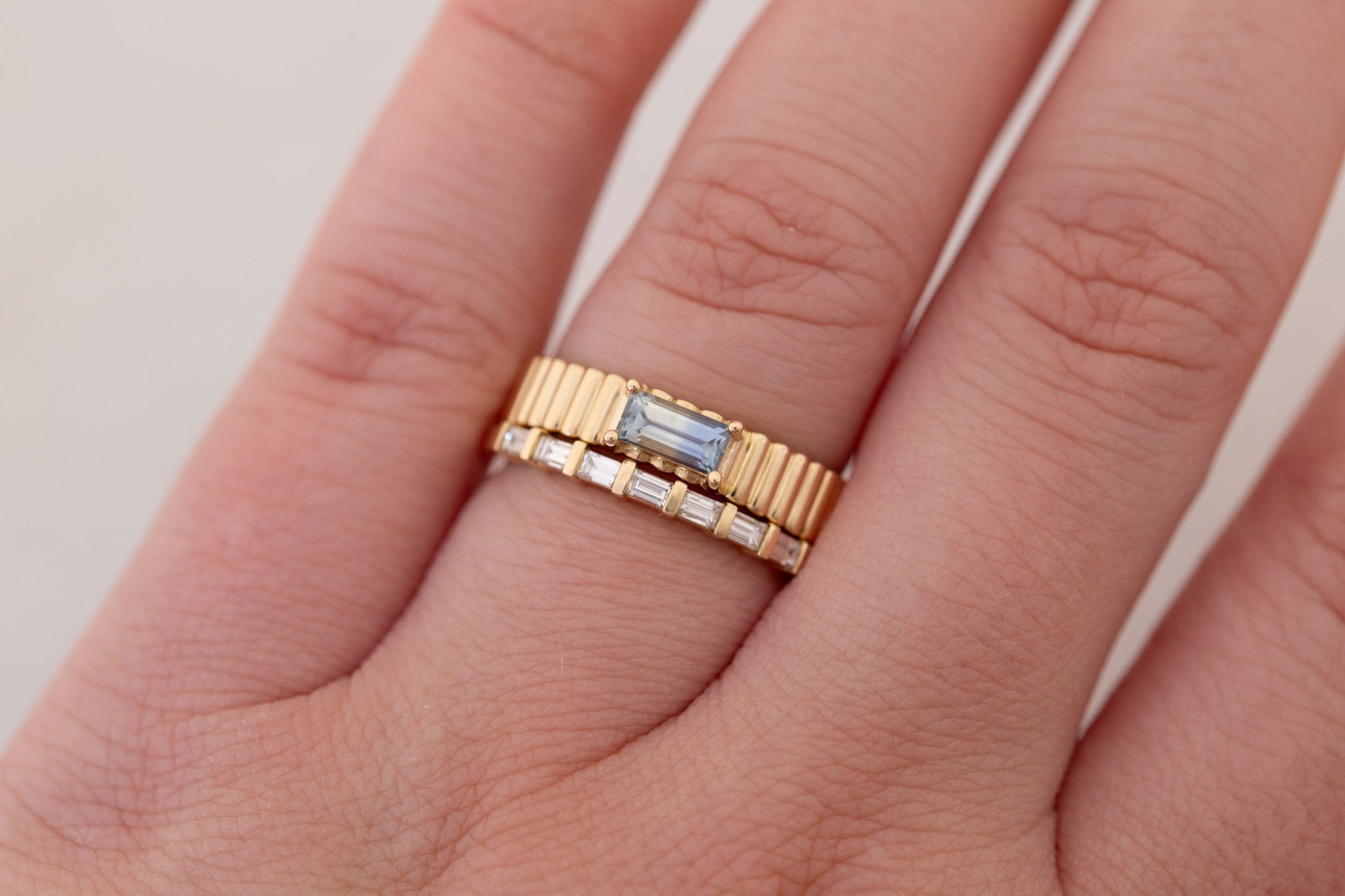 Ellis Ring | Baguette Cut Sapphire + Fluted Band Engagement Ring 0.47 ct | 14k Recycled Gold | One of a Kind