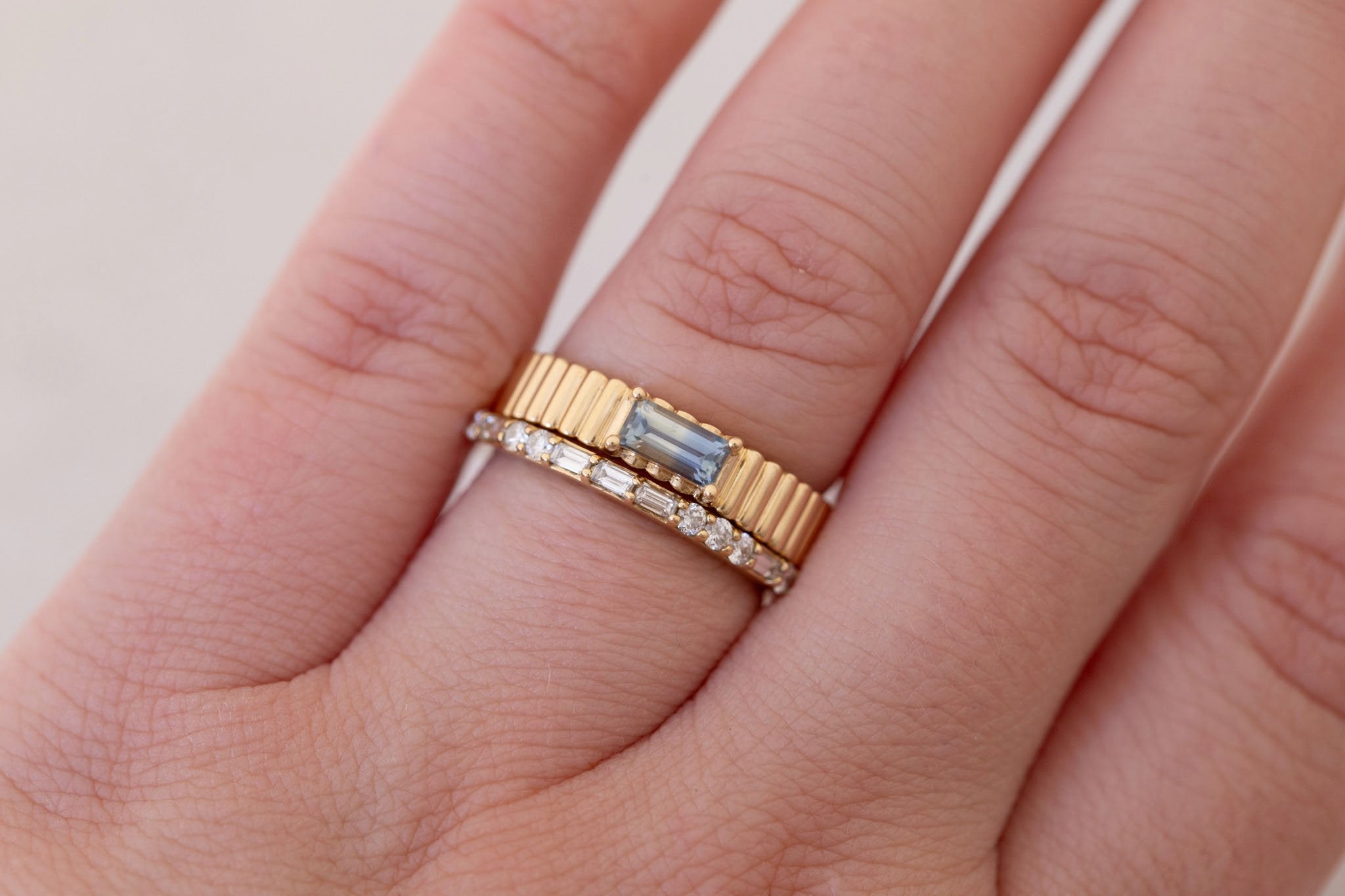 Ellis Ring | Baguette Cut Sapphire + Fluted Band Engagement Ring 0.47 ct | 14k Recycled Gold | One of a Kind