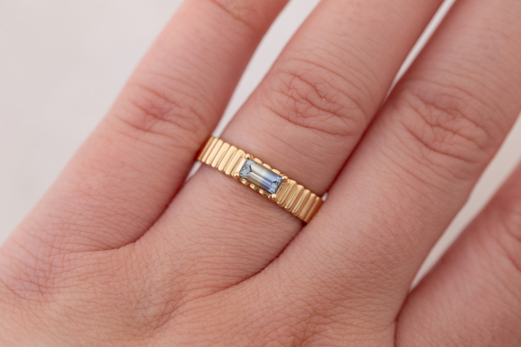 Ellis Ring | Baguette Cut Sapphire + Fluted Band Engagement Ring 0.47 ct | 14k Recycled Gold | One of a Kind