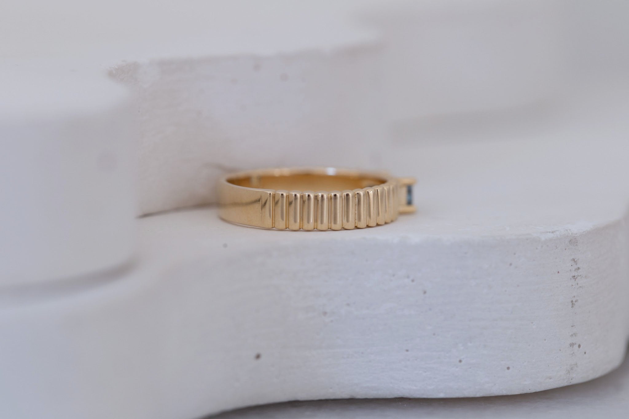 Ellis Ring | Baguette Cut Sapphire + Fluted Band Engagement Ring 0.47 ct | 14k Recycled Gold | One of a Kind