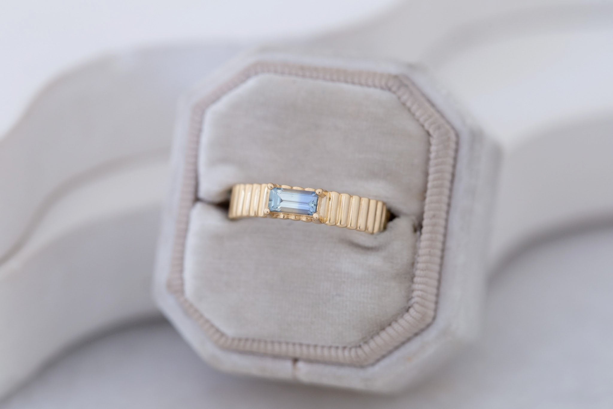 Ellis Ring | Baguette Cut Sapphire + Fluted Band Engagement Ring 0.47 ct | 14k Recycled Gold | One of a Kind