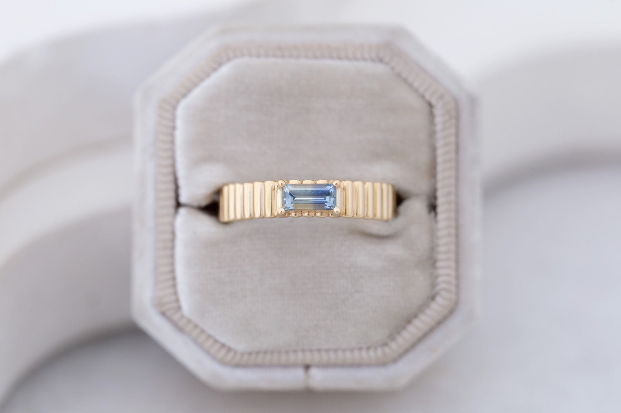 Ellis Ring | Baguette Cut Sapphire + Fluted Band Engagement Ring 0.47 ct | 14k Recycled Gold | One of a Kind