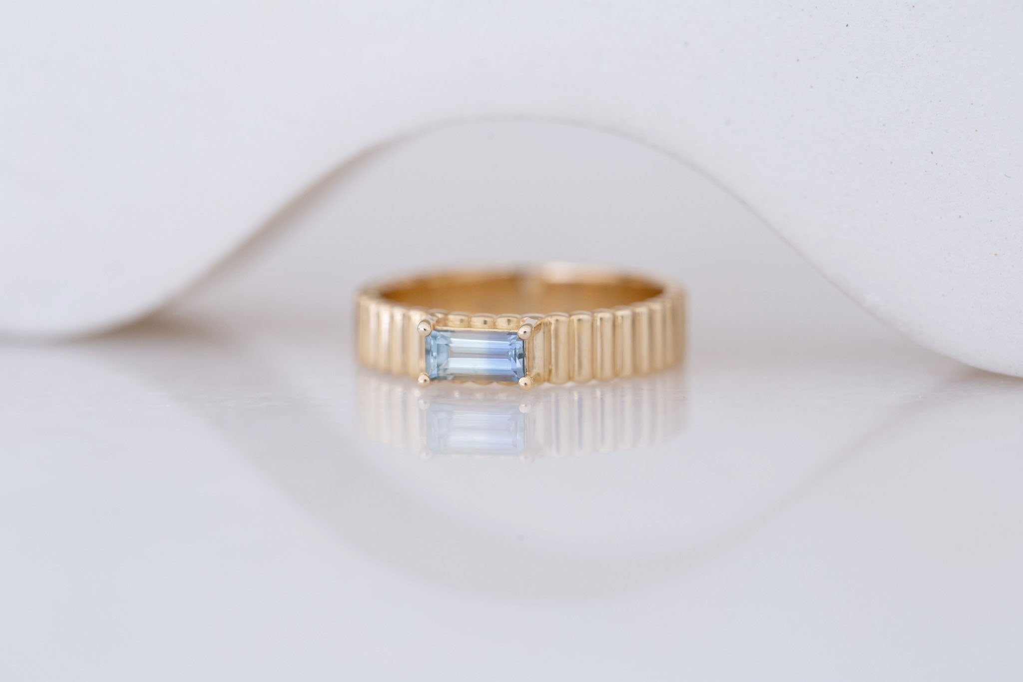 Ellis Ring | Baguette Cut Sapphire + Fluted Band Engagement Ring 0.47 ct | 14k Recycled Gold | One of a Kind