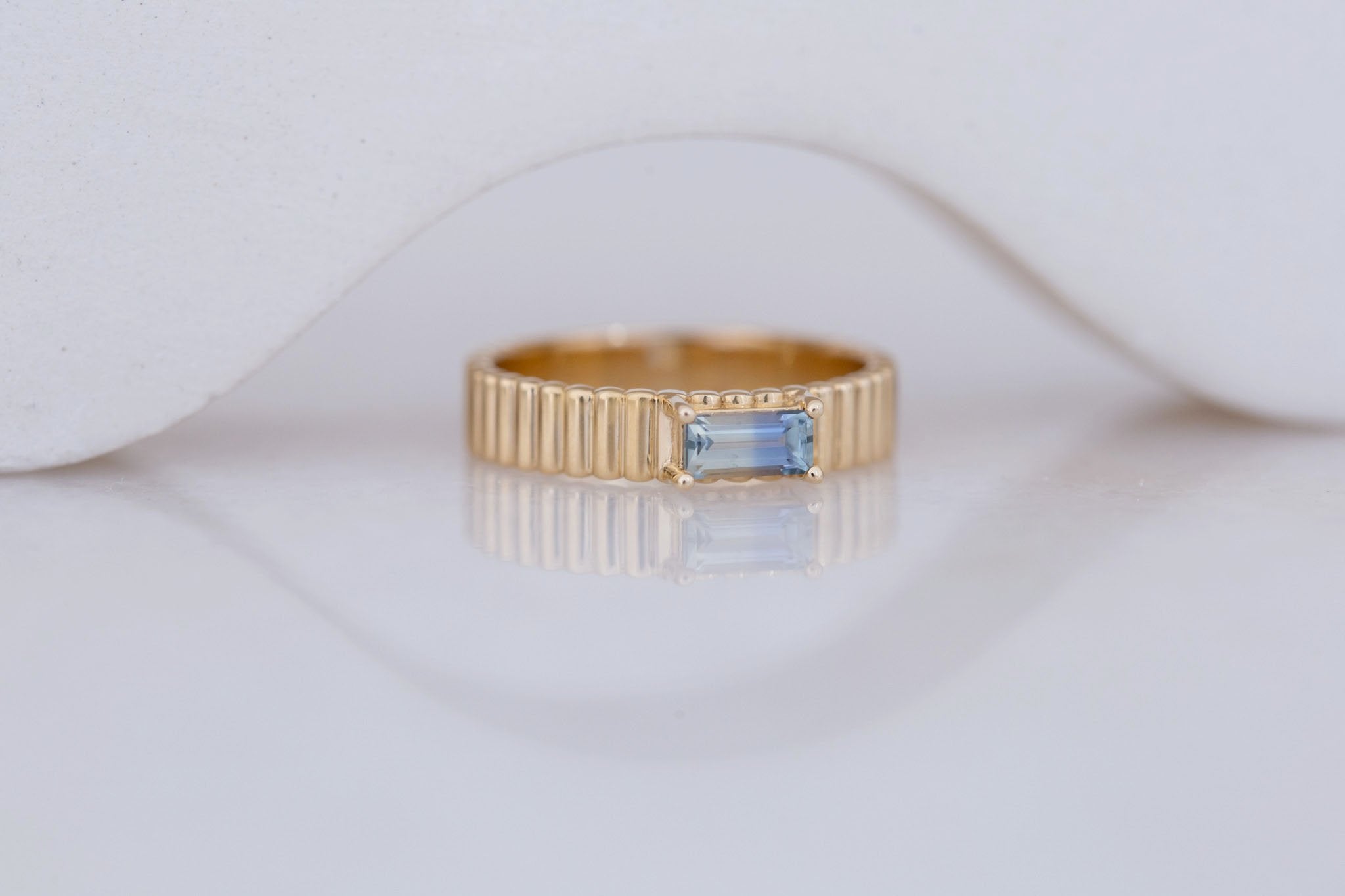 Ellis Ring | Baguette Cut Sapphire + Fluted Band Engagement Ring 0.47 ct | 14k Recycled Gold | One of a Kind