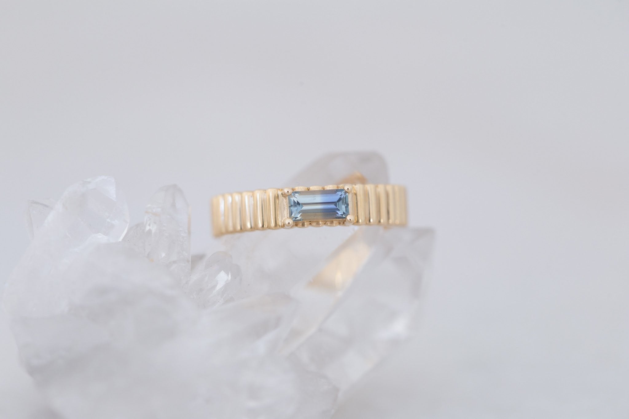 Ellis Ring | Baguette Cut Sapphire + Fluted Band Engagement Ring 0.47 ct | 14k Recycled Gold | One of a Kind
