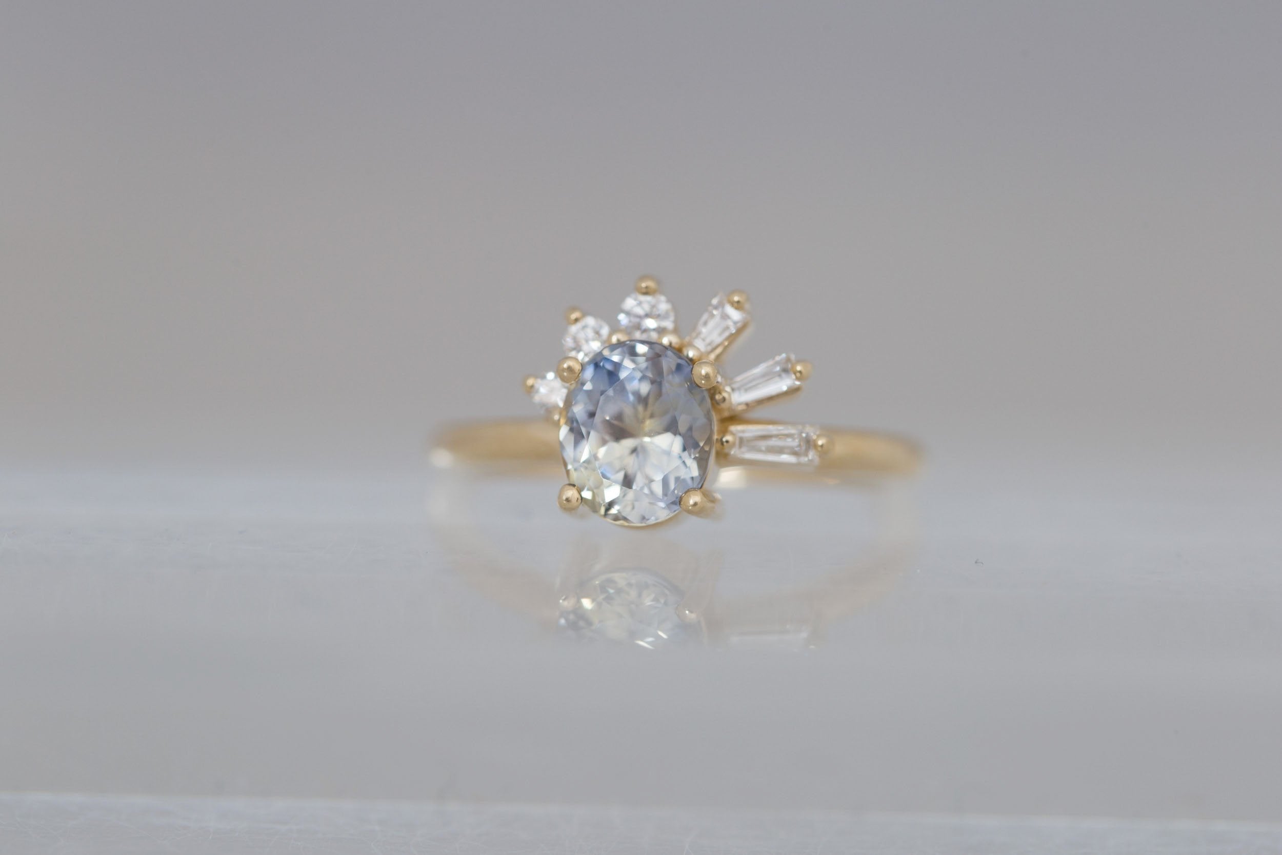 Sol Ring | Bicolor Oval Sapphire + Baguette and Round Diamond Cluster Engagement Ring 1.53 ct | 14k Recycled Gold | One of a Kind